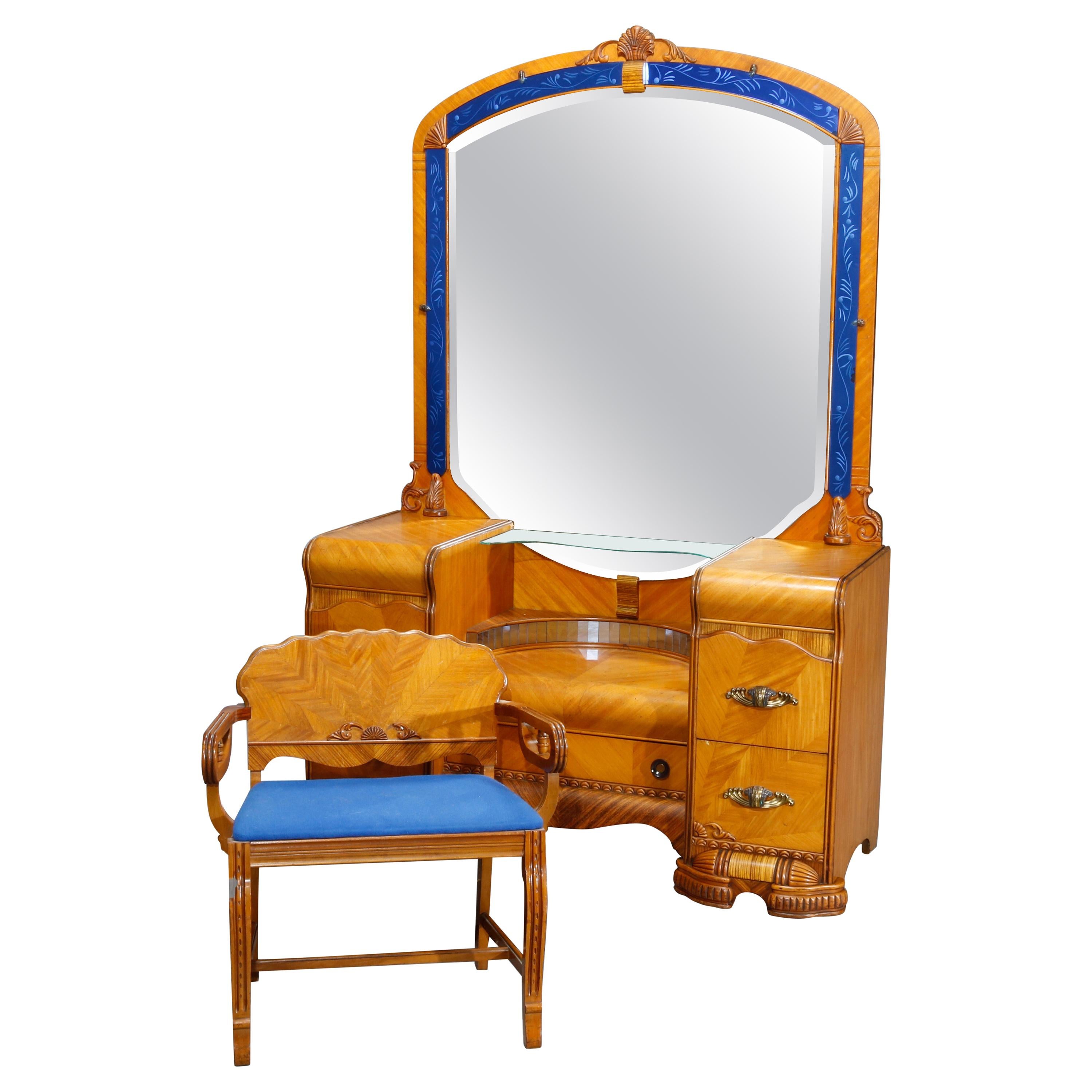 Antique Art Deco Waterfall Satinwood Dressing Table with Blue Glass Lined Mirror