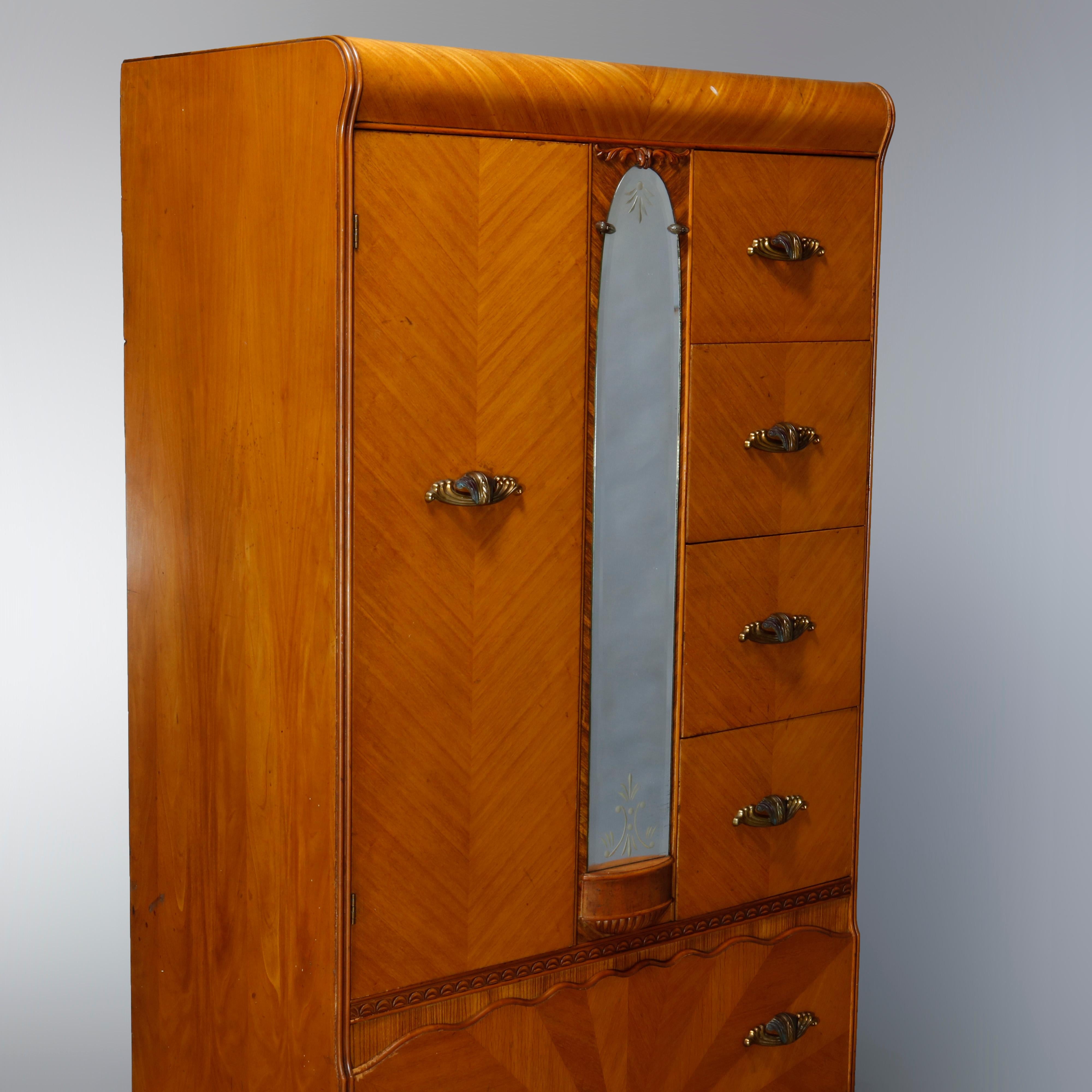 Antique Art Deco Waterfall Satinwood & Mahogany Cedar Lined Armoire, c1930 1