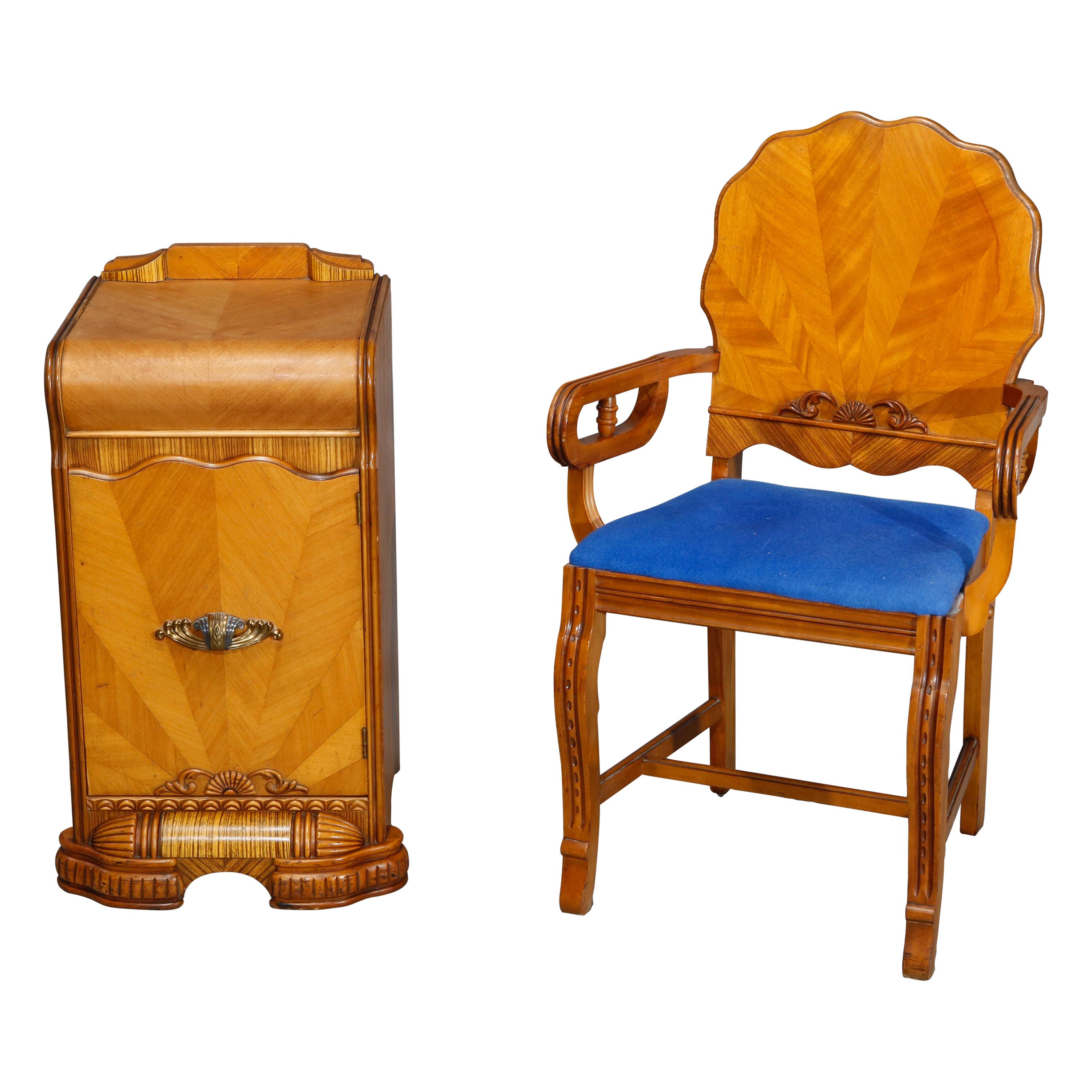 Antique Art Deco Waterfall Satinwood & Mahogany Stand & Sunburst Side Chair