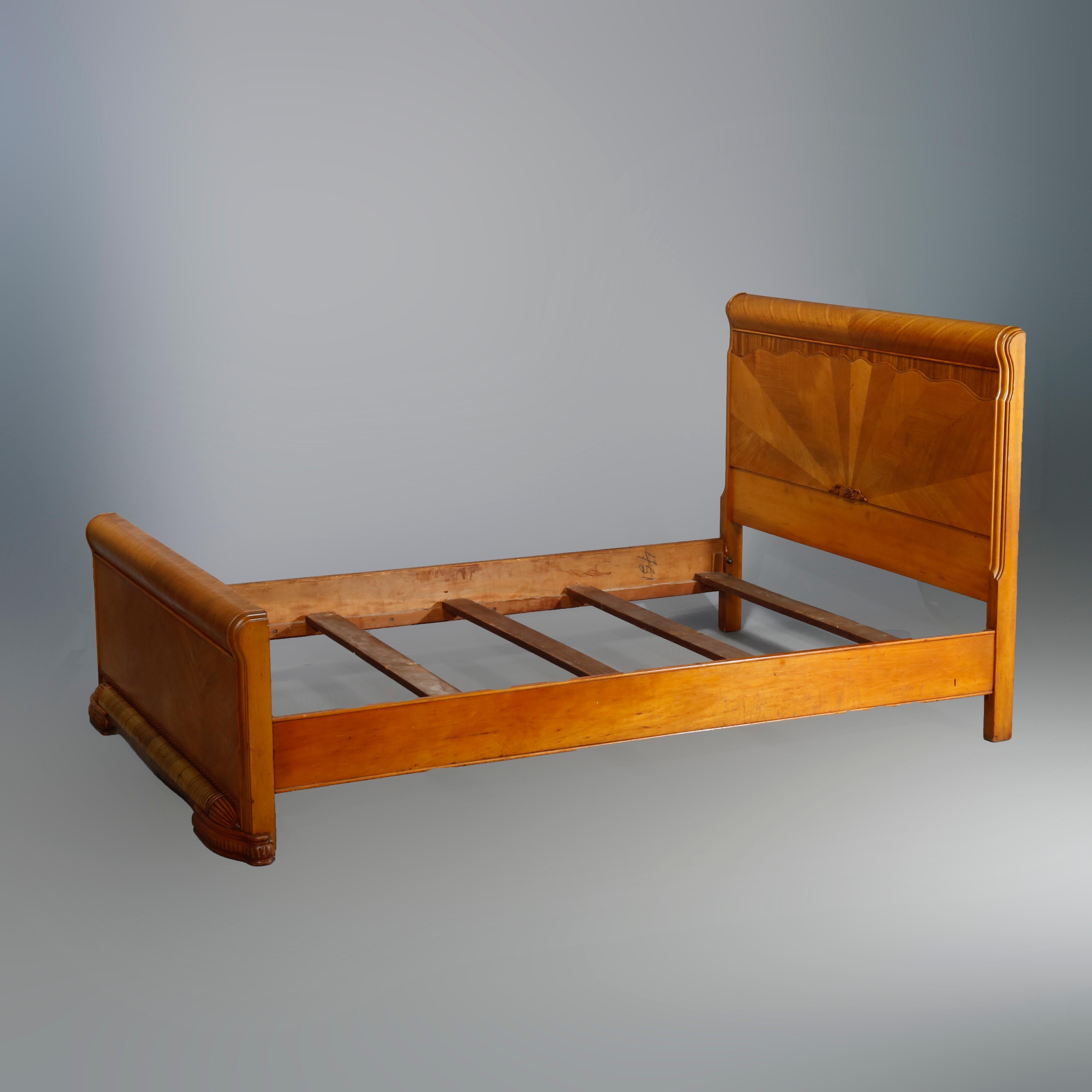 20th Century Antique Art Deco Waterfall Satinwood & Mahogany Sunburst Double Bed, c1930