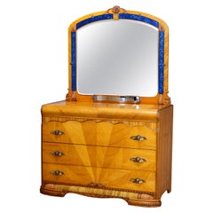 Antique Art Deco Waterfall Satinwood Sunburst Dresser & Blue Glass Lined Mirror