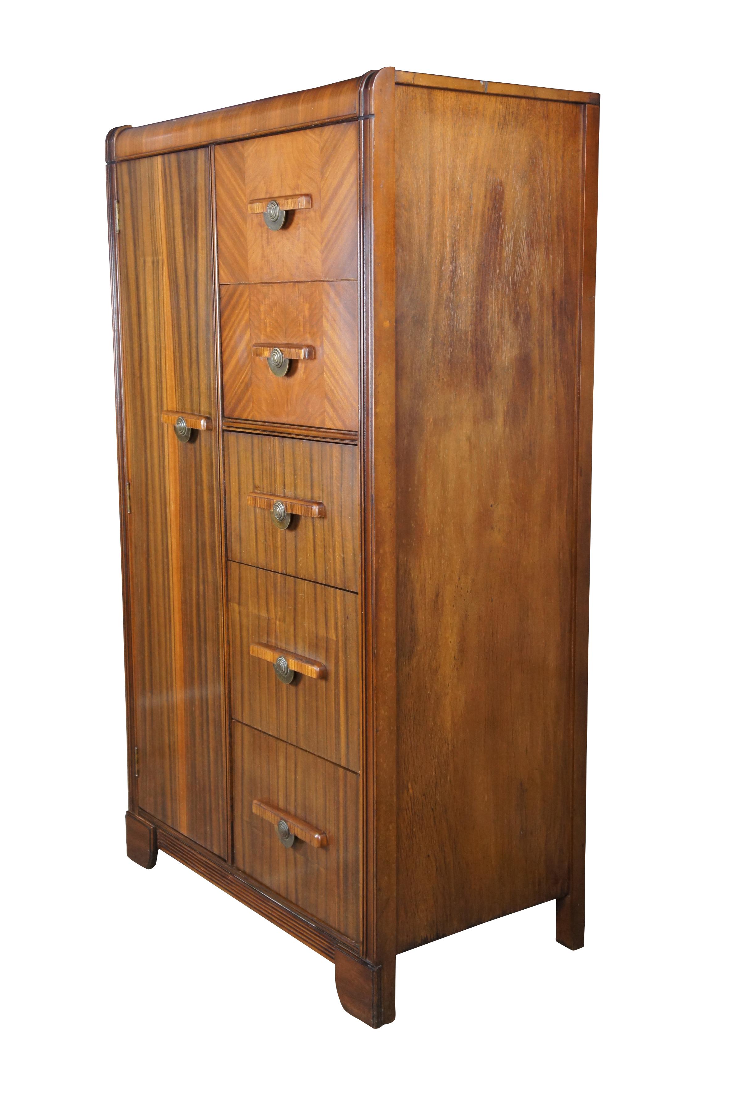 A beautiful Art era chifforobe (also spelled chiffarobe or chifferobe), circa 1920-30s. Made from walnut with a waterfall front, 5 dovetailed drawers and cedar lined closet portion with hanging bar.