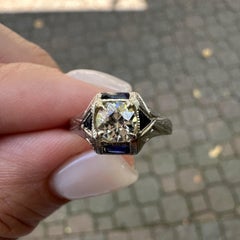 Antique Art Deco White Gold 0.65ct Diamond w/ Sapphire Engraved Wheat Work Ring
