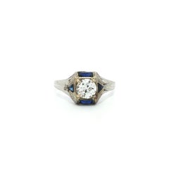 Anillo Antiguo Art Decó de Oro Blanco 0,65 ct Diamante c/ Zafiro Grabado Trabajo de Trigo