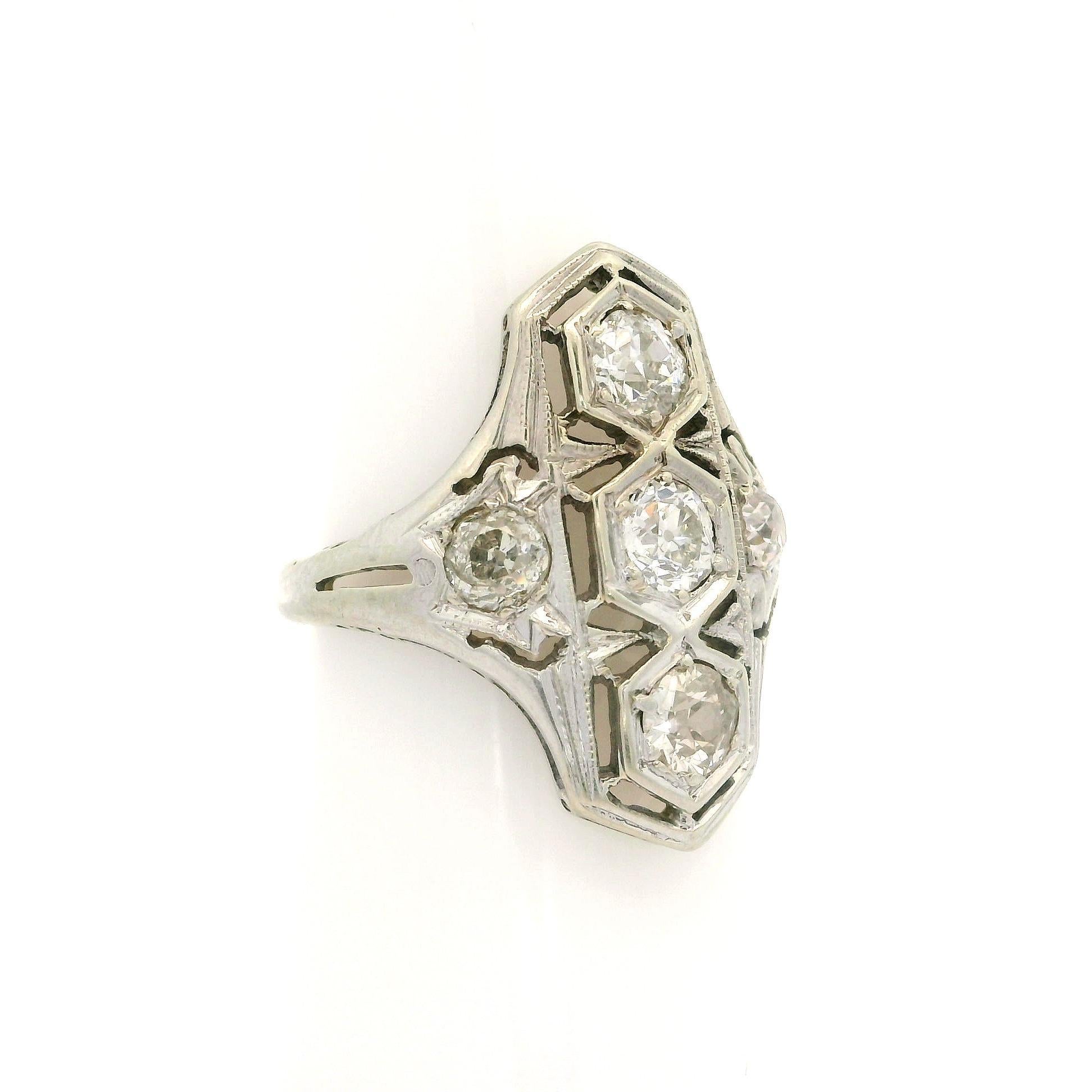 Antiker Art Deco Weißgold 1,02ctw Old Mine Cut Chunky Diamond Dinner Ring im Angebot 2
