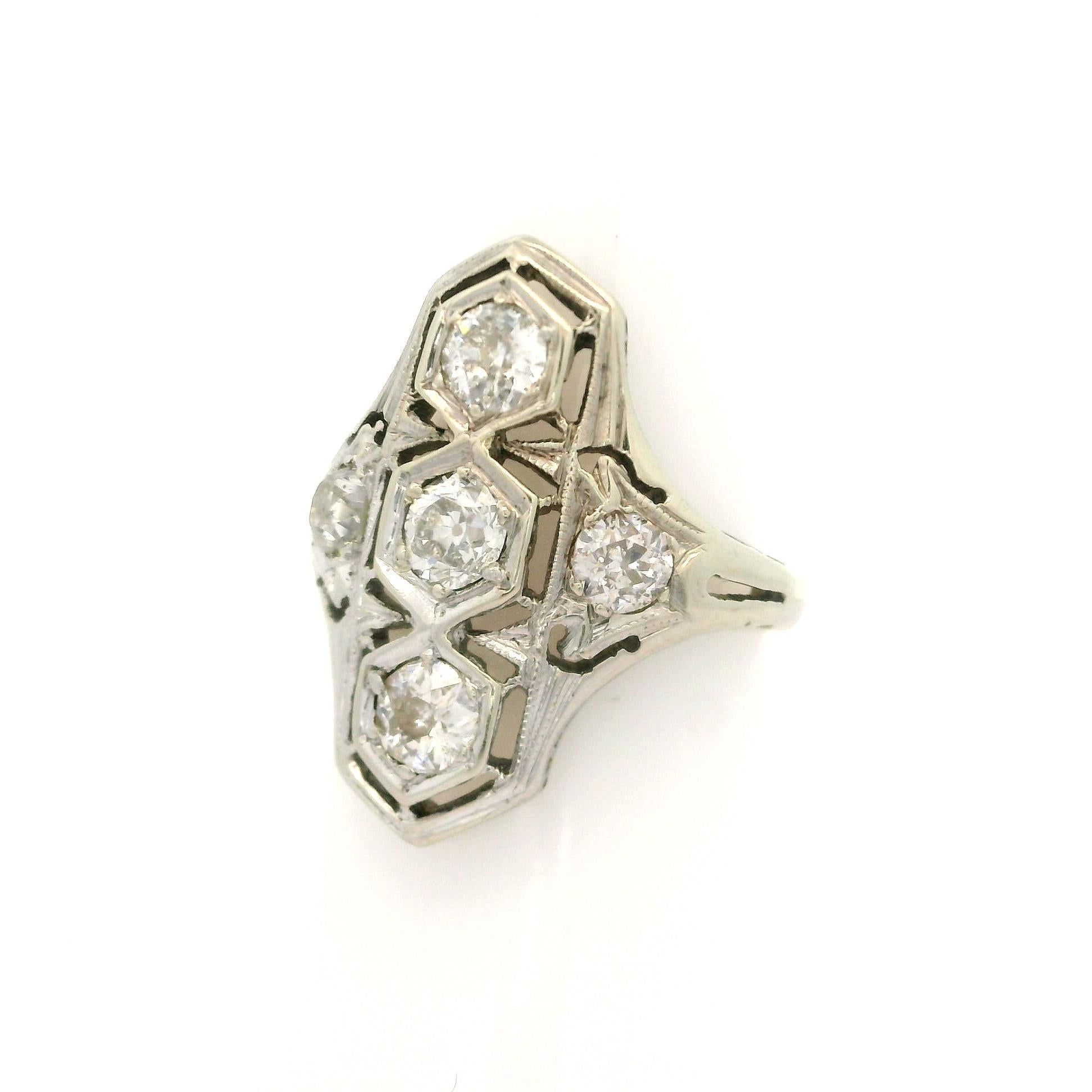 Antiker Art Deco Weißgold 1,02ctw Old Mine Cut Chunky Diamond Dinner Ring im Angebot 3