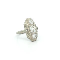 Antique Art Deco White Gold 1.05ctw Old Cut Diamond Engraved 3 Stone Dinner Ring