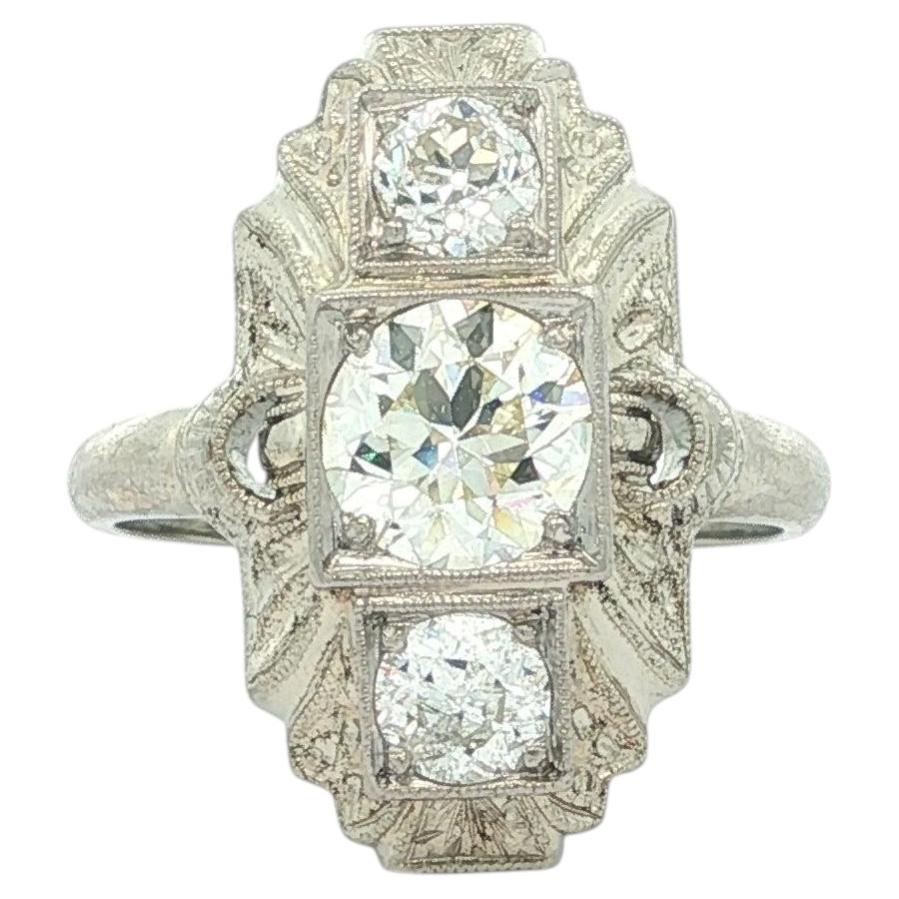 Antique Art Deco White Gold 1.05ctw Old Cut Diamond Engraved 3 Stone Dinner Ring