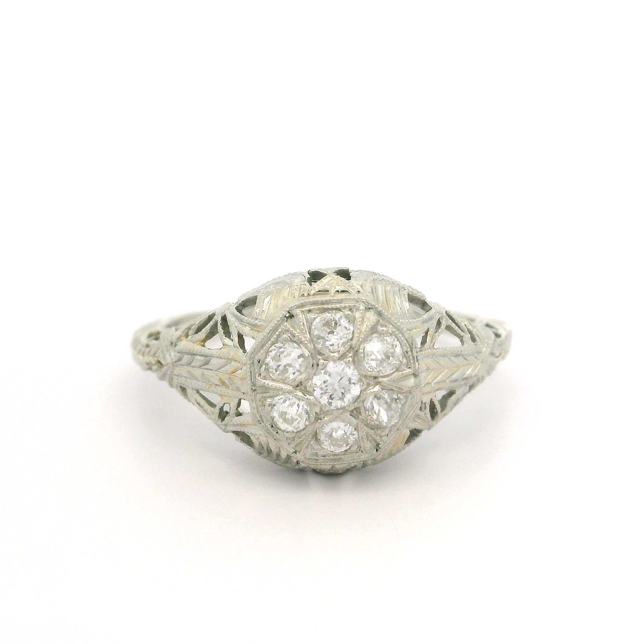 Antique Art Deco White Gold .18ctw Old Cut Diamond Filgree Engraved Work Ring