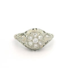 Antique Art Deco White Gold .18ctw Old Cut Diamond Filgree Engraved Work Ring