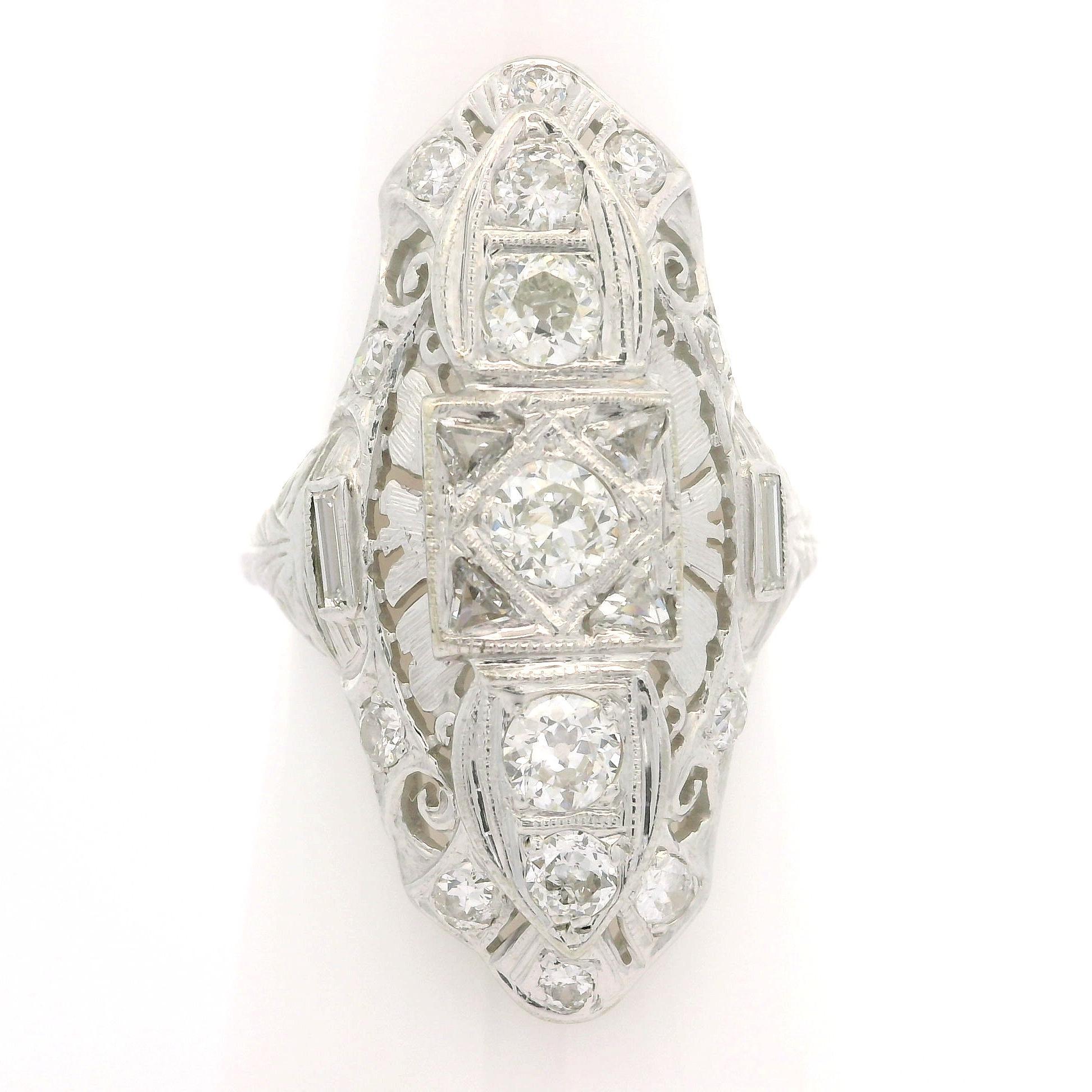 Women's Antique Art Deco White Gold 1ctw Old Cut Diamond Filigree Engraved Dinner Ring For Sale