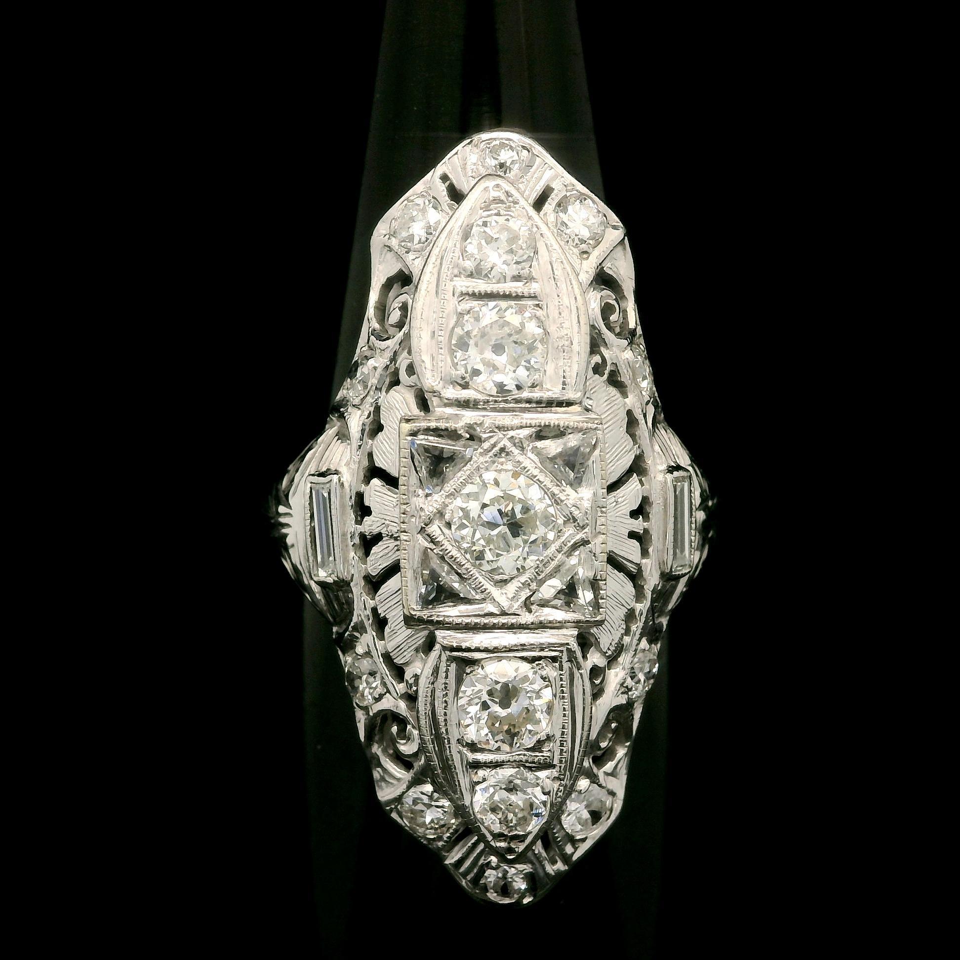 Antique Art Deco White Gold 1ctw Old Cut Diamond Filigree Engraved Dinner Ring For Sale 1