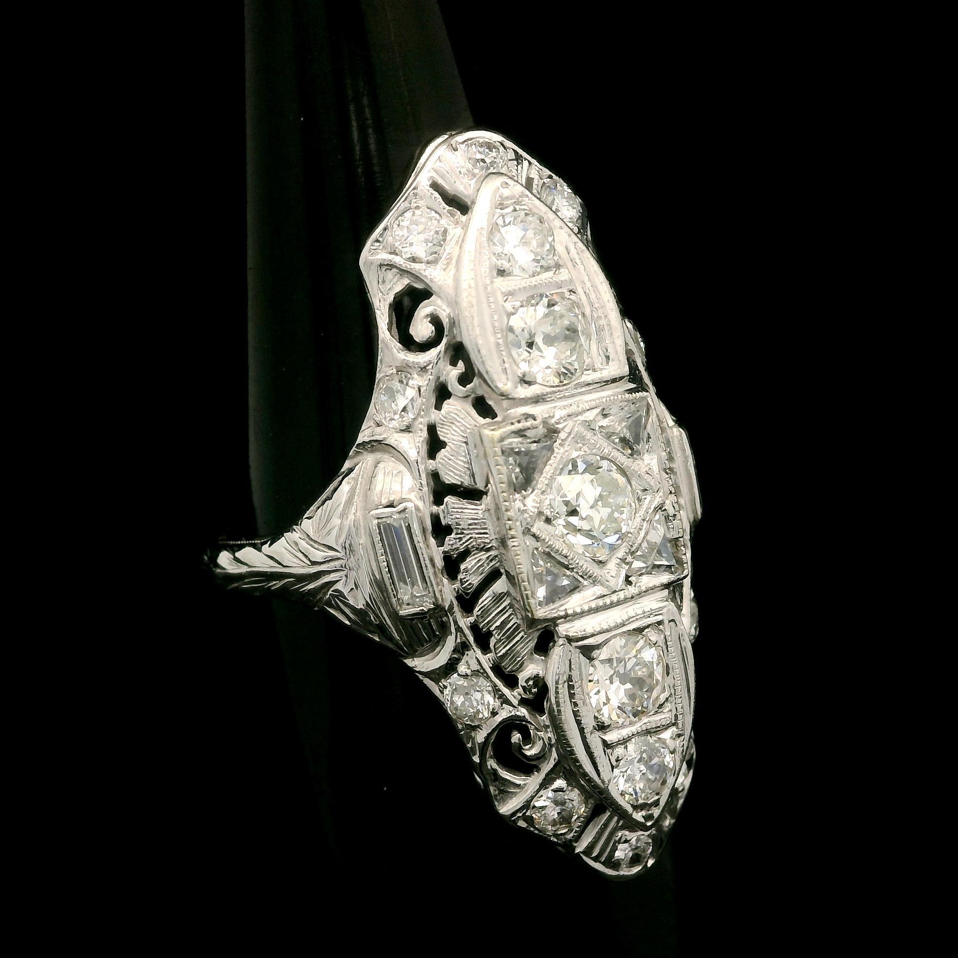 Antique Art Deco White Gold 1ctw Old Cut Diamond Filigree Engraved Dinner Ring For Sale 2