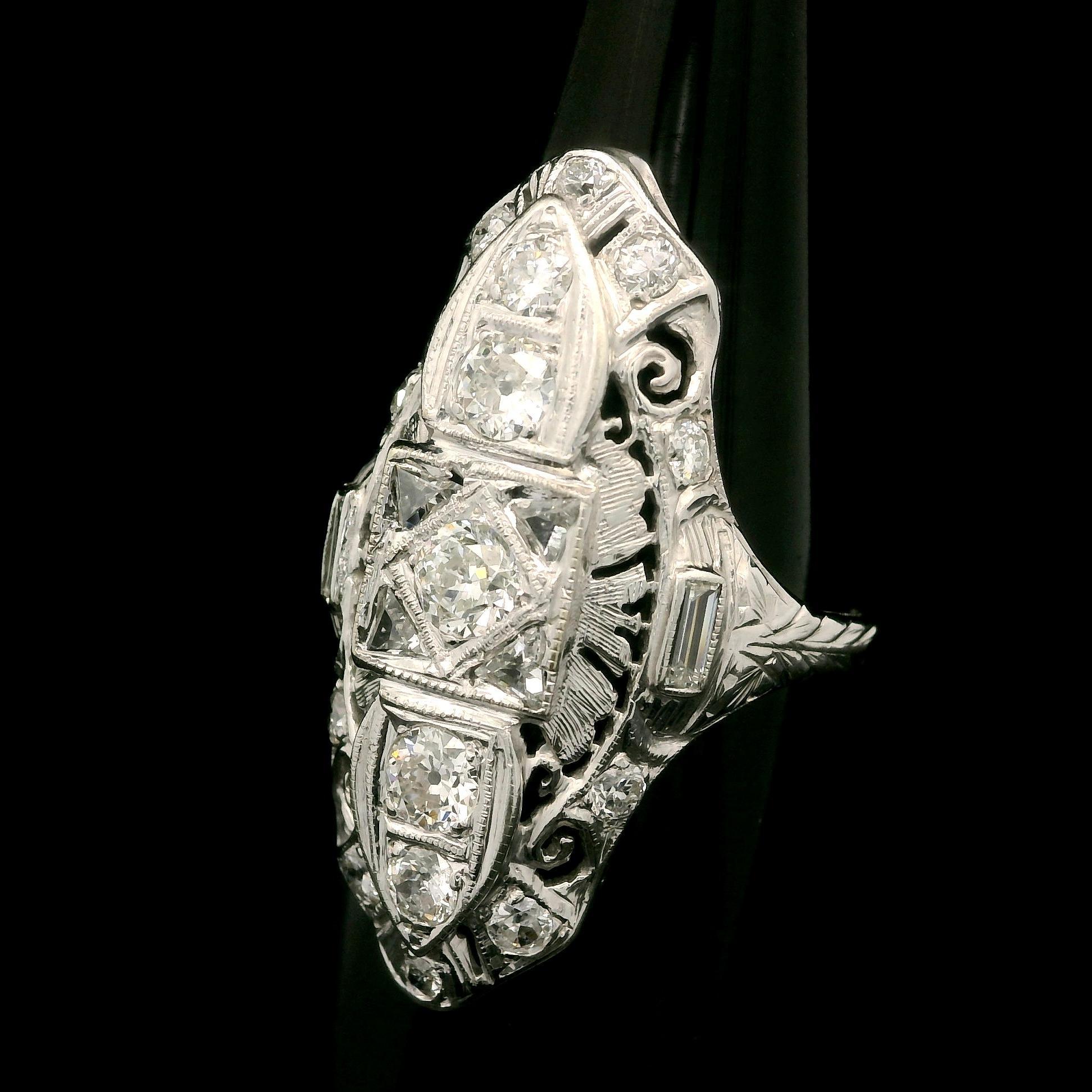 Antique Art Deco White Gold 1ctw Old Cut Diamond Filigree Engraved Dinner Ring For Sale 3