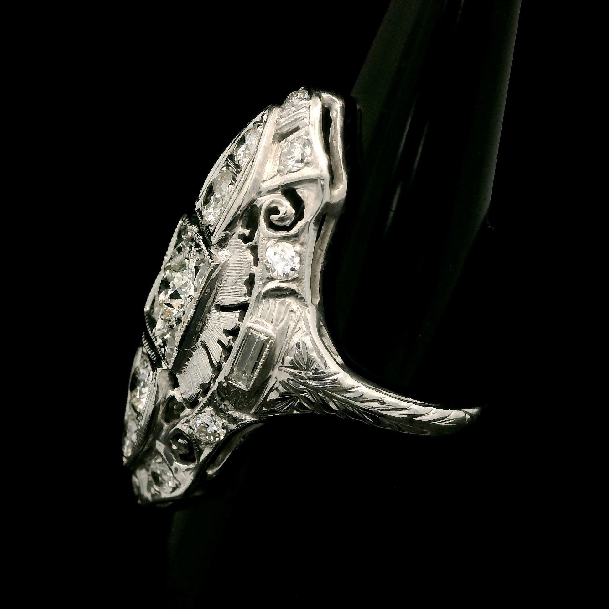 Antique Art Deco White Gold 1ctw Old Cut Diamond Filigree Engraved Dinner Ring For Sale 4