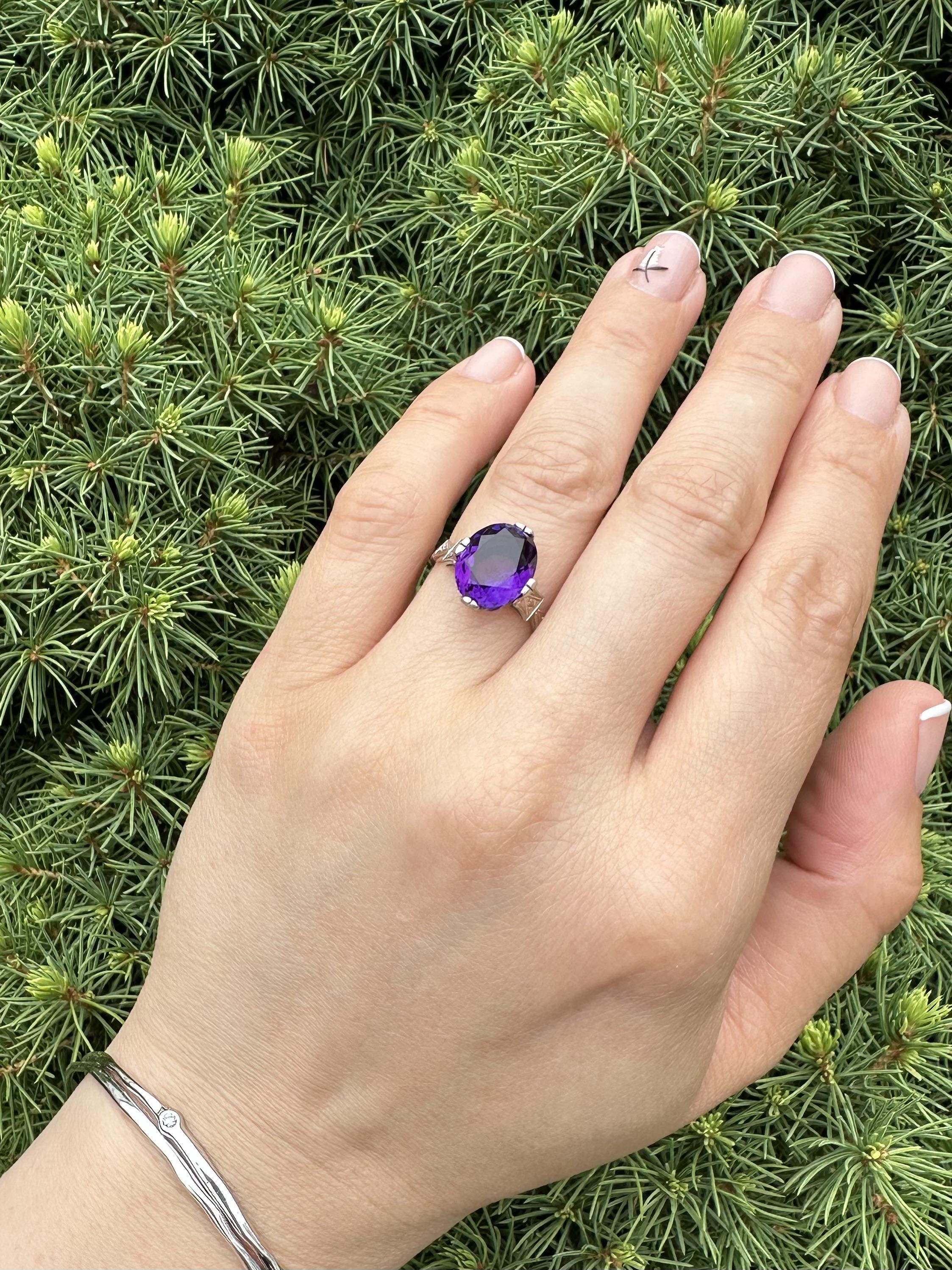 Antiker Art Deco Weißgold 3,82ct Oval Amethyst Solitär Hand graviert Ring im Angebot 5