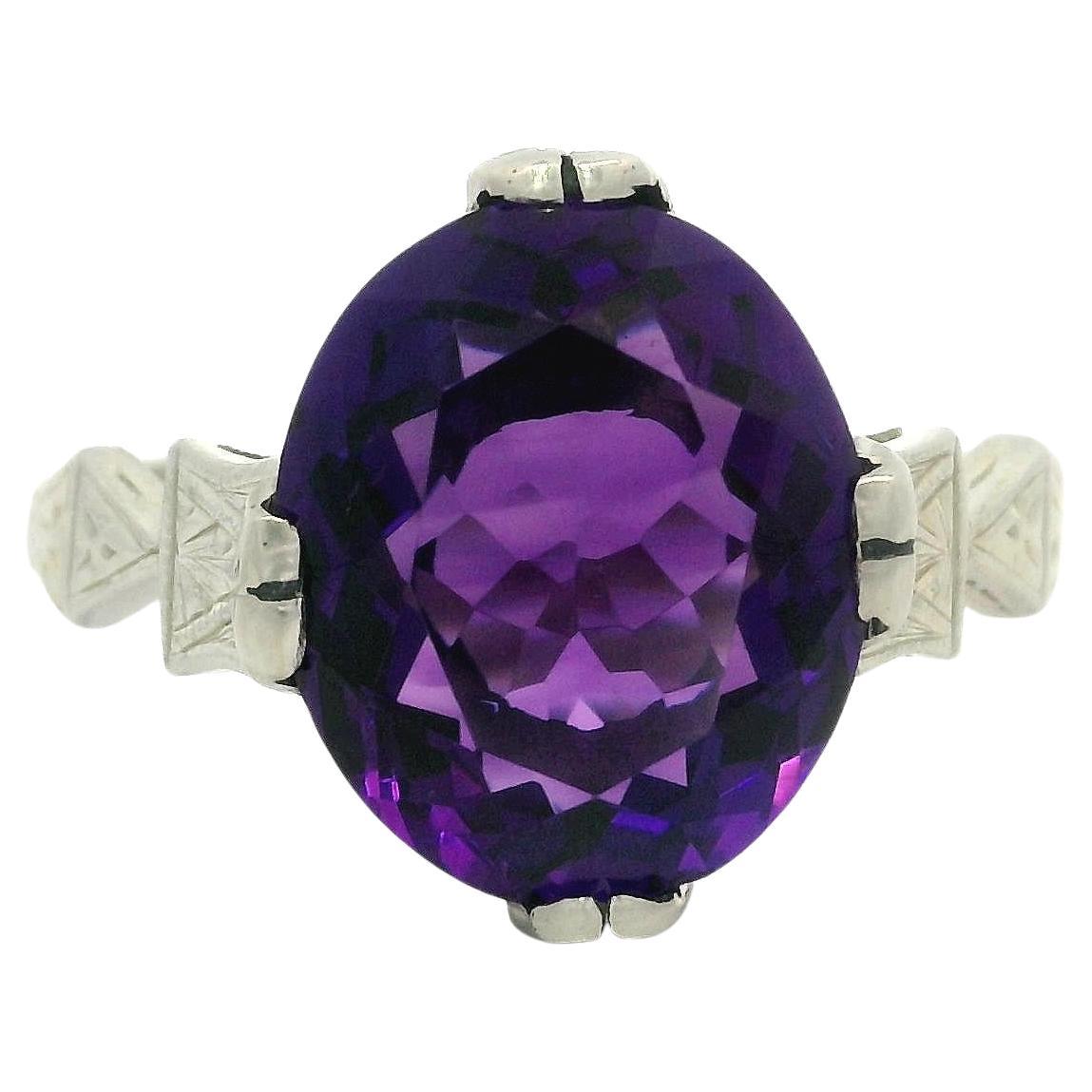 Antique Art Deco White Gold 3.82ct Oval Amethyst Solitaire Hand Engraved Ring