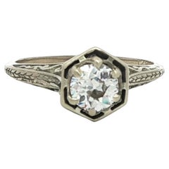 Antique Art Deco White Gold .50ct Old Diamond Scroll & Open Work Engagement Ring