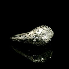 Antique Art Deco White Gold .53ct Diamond Etched Floral Filigree Engagement Ring