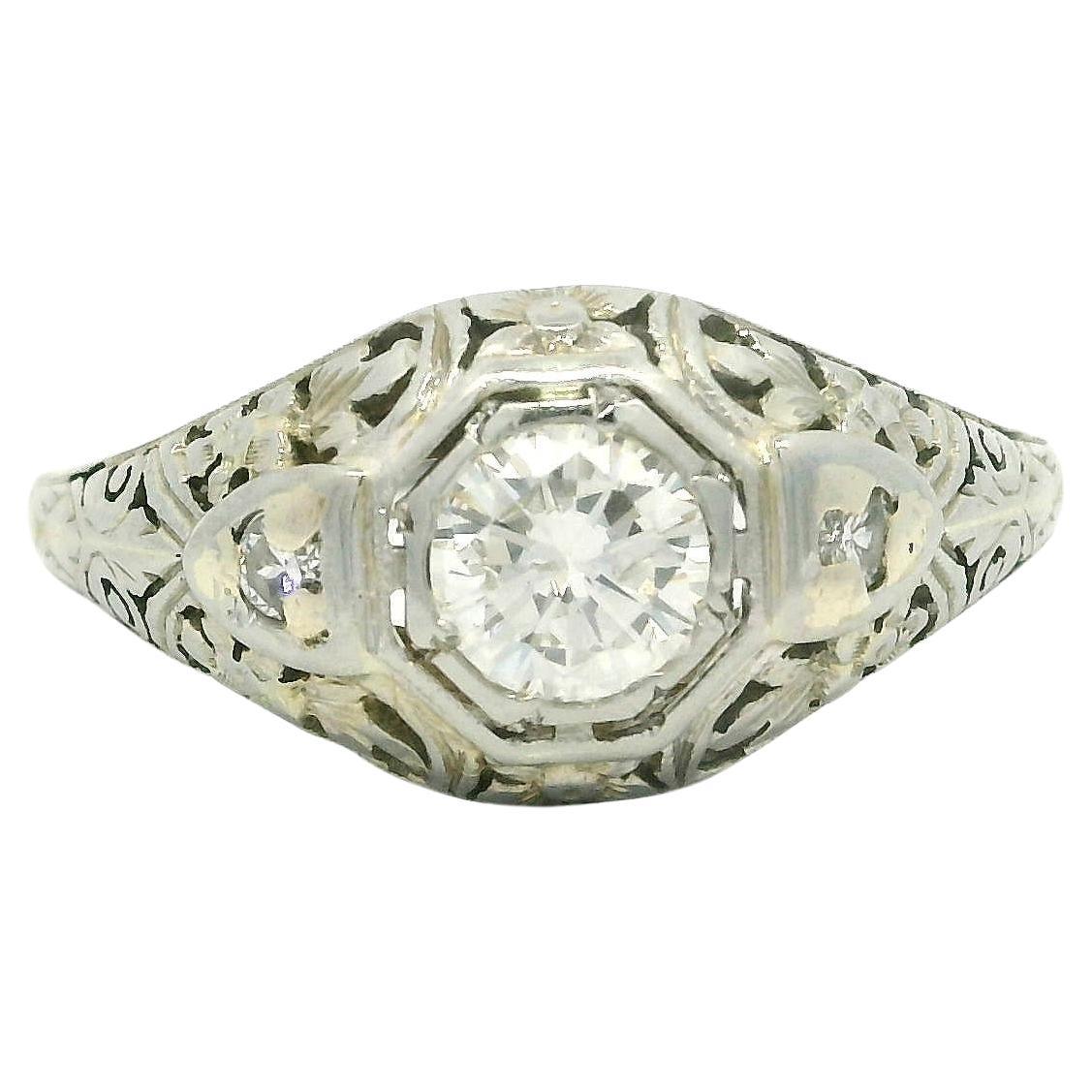 Antique Art Deco White Gold .53ct Diamond Etched Floral Filigree Engagement Ring