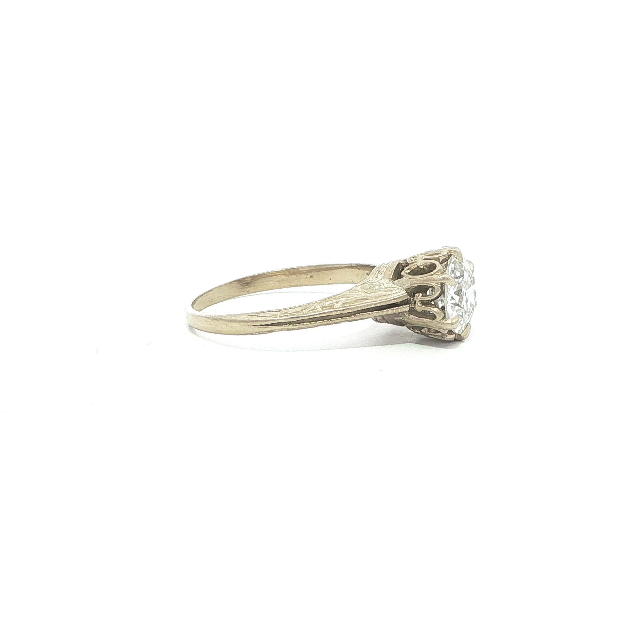 Antique Art Deco White Gold .81ct Old European Diamond Solitaire Engagement Ring For Sale 6
