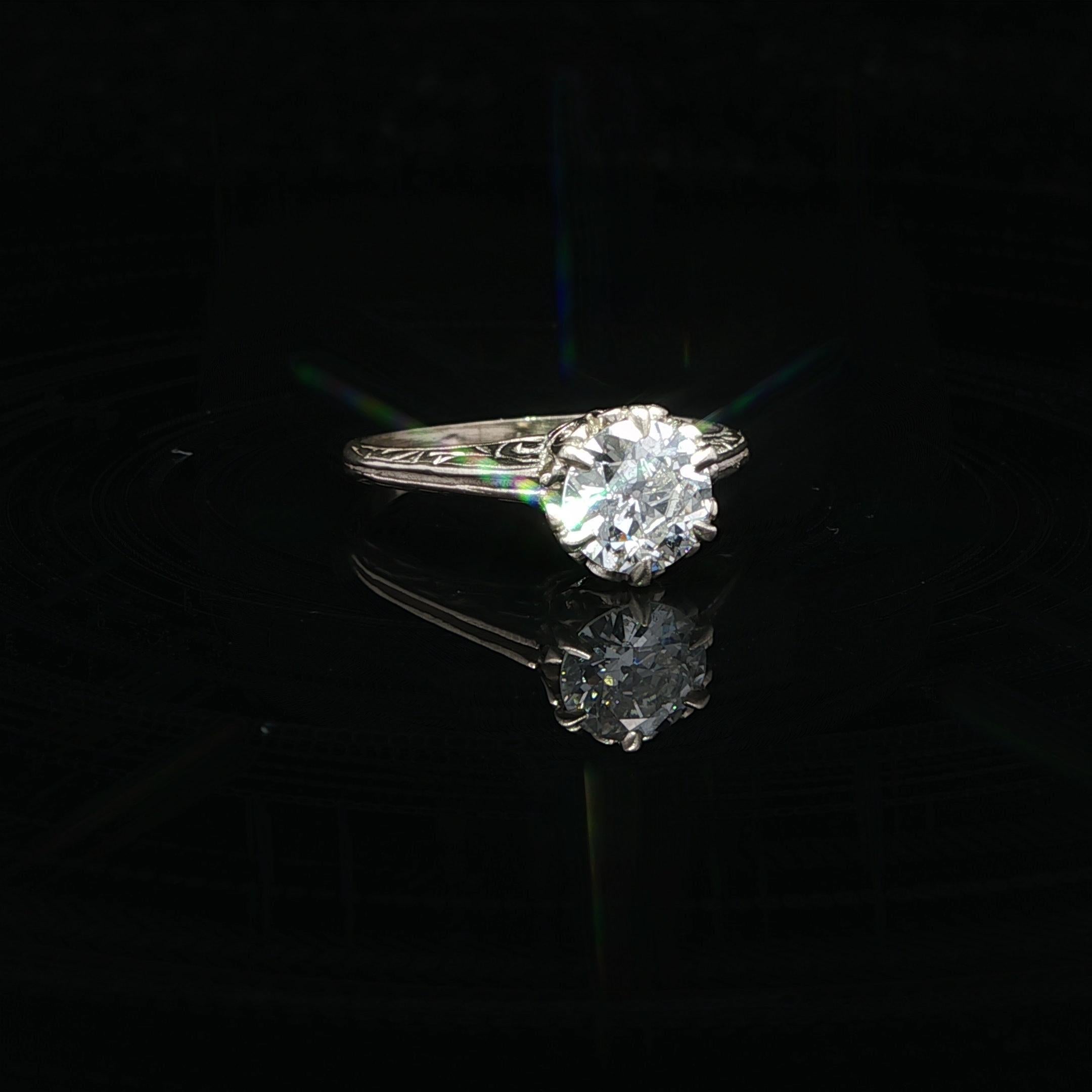 Antique Art Deco White Gold .81ct Old European Diamond Solitaire Engagement Ring For Sale 7