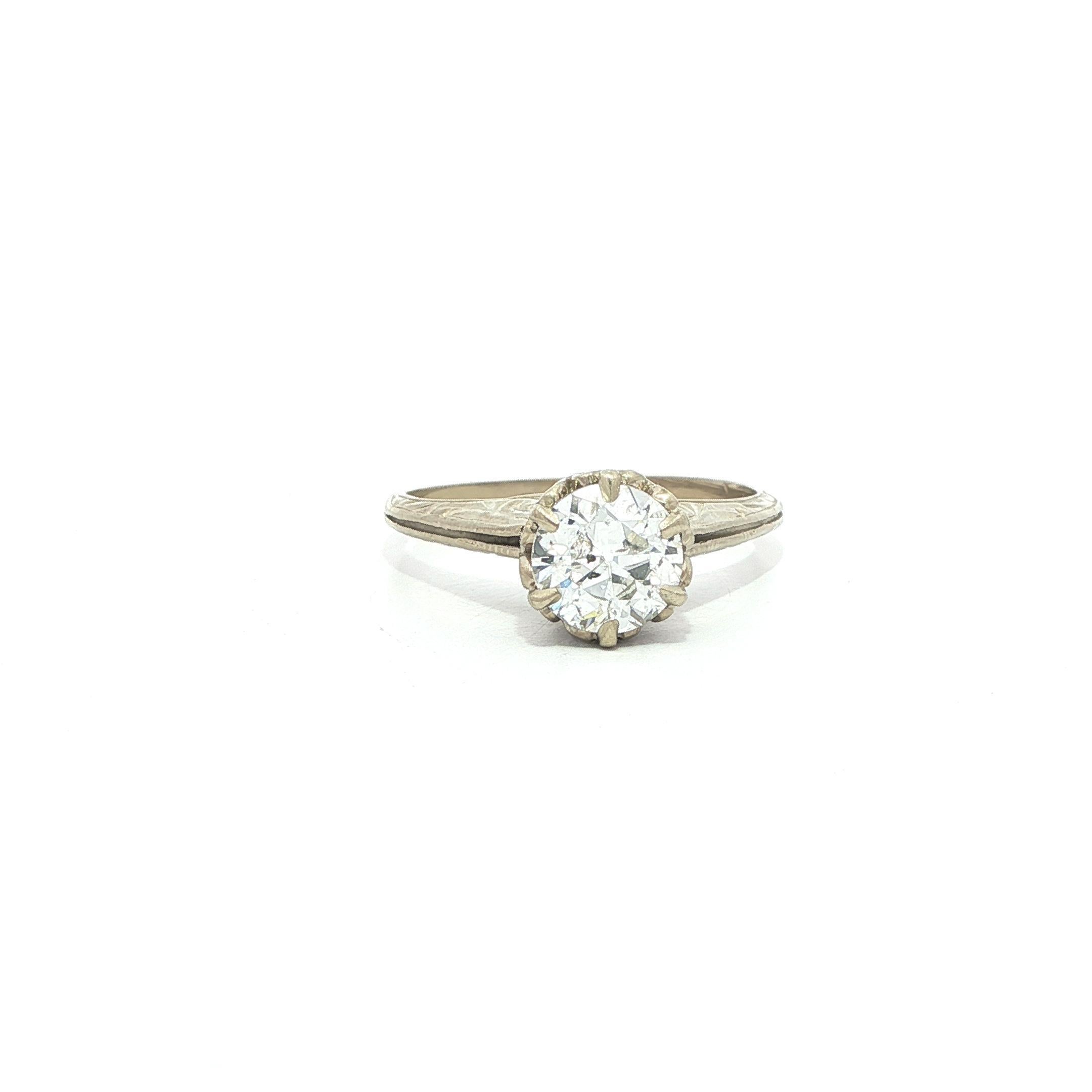 Old European Cut Antique Art Deco White Gold .81ct Old European Diamond Solitaire Engagement Ring For Sale