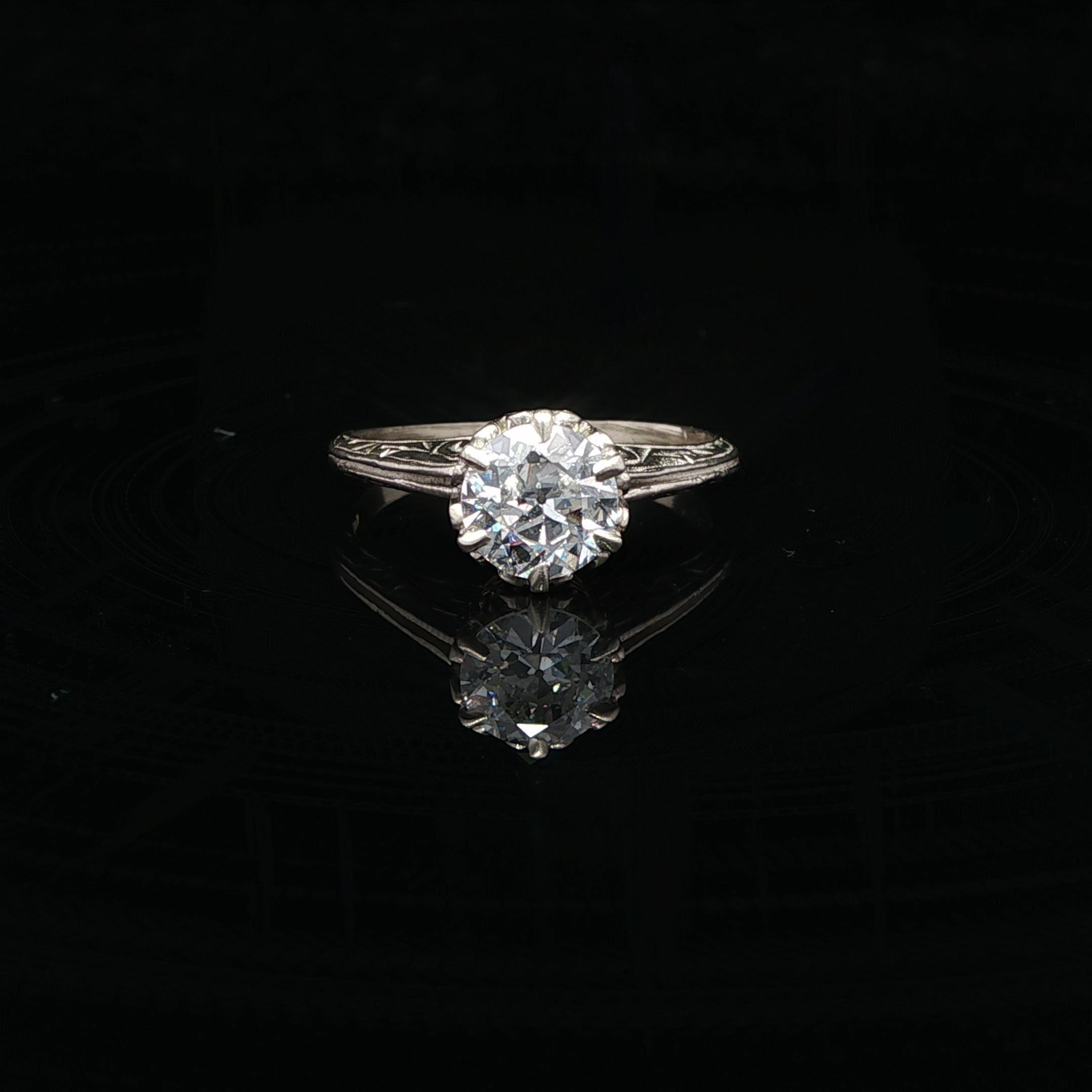 Antique Art Deco White Gold .81ct Old European Diamond Solitaire Engagement Ring For Sale 2