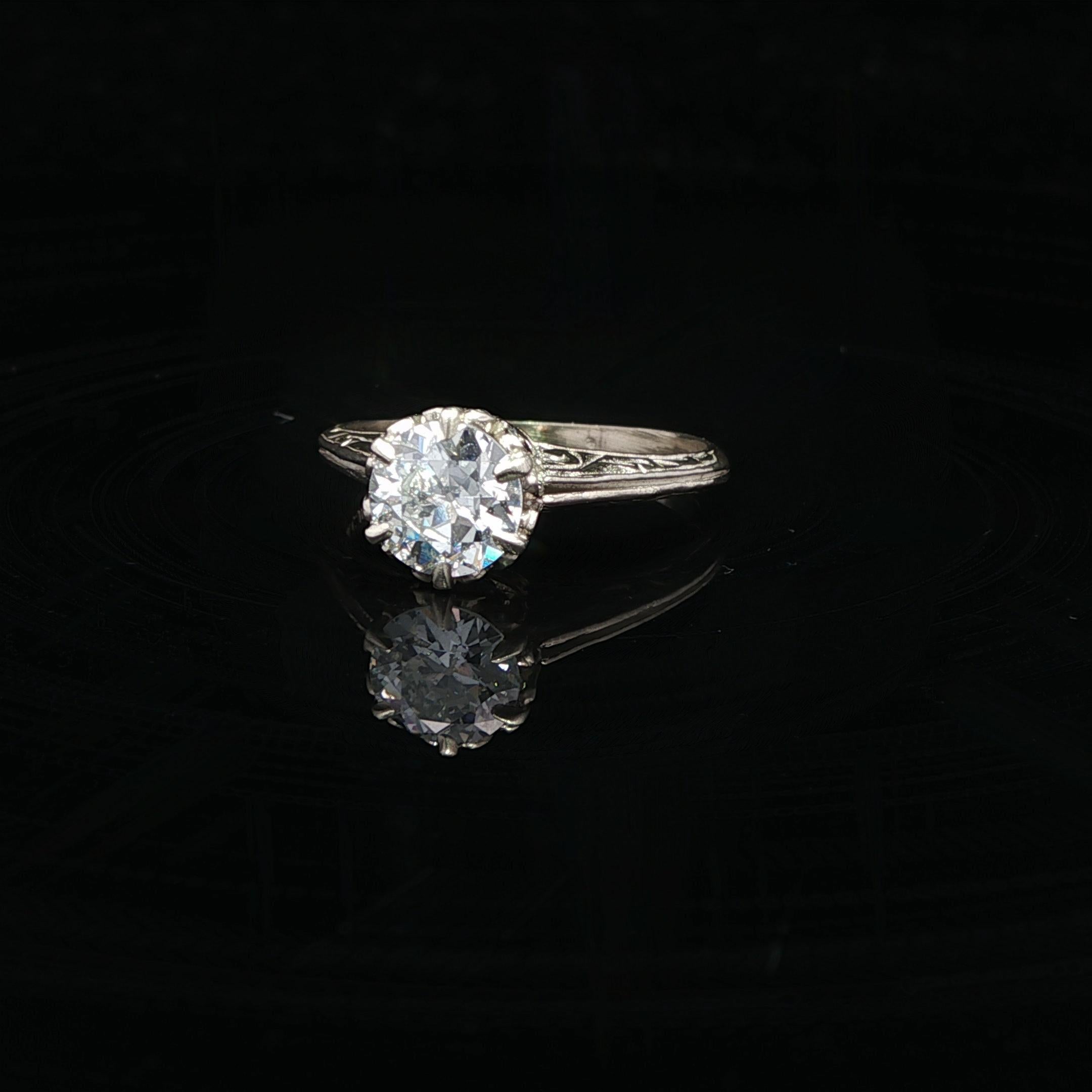 Antique Art Deco White Gold .81ct Old European Diamond Solitaire Engagement Ring For Sale 3