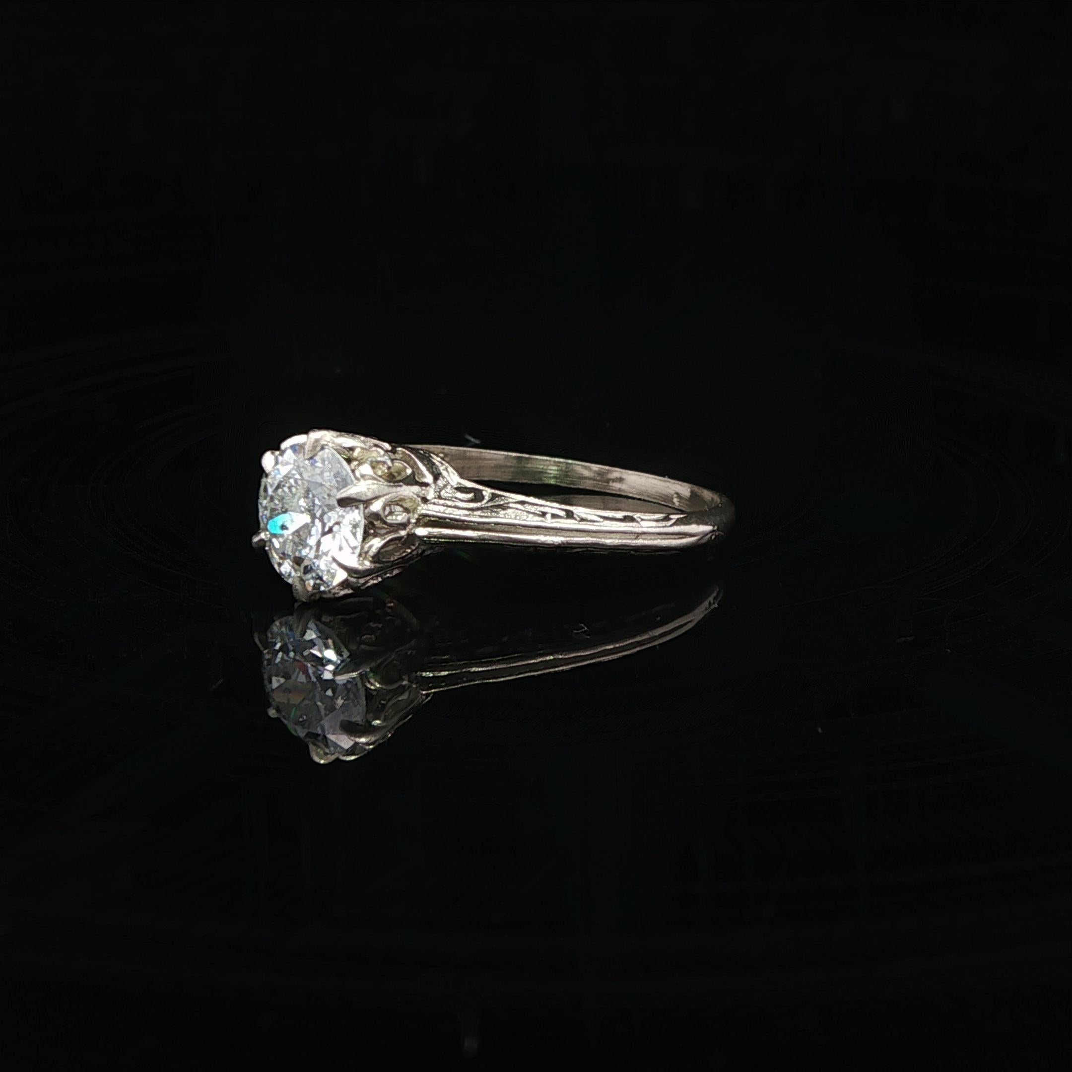 Antique Art Deco White Gold .81ct Old European Diamond Solitaire Engagement Ring For Sale 4
