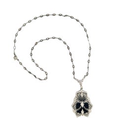 Antique Art Deco White Gold Black Onyx Diamond Filigree Pendant Intricate Chain