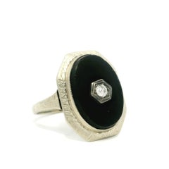 Antique Art Deco White Gold Black Onyx & Diamond Hand Engraved Platter Ring