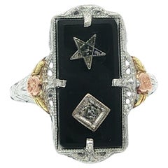 Antique Art Deco White Gold Black Onyx & Diamond Masonic Floral Filigree Ring