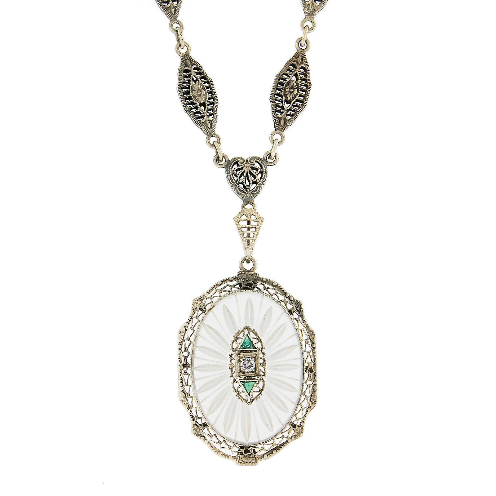 Old European Cut Antique Art Deco White Gold Camphor Glass & Chrysoprase Filigree Drop Necklace For Sale