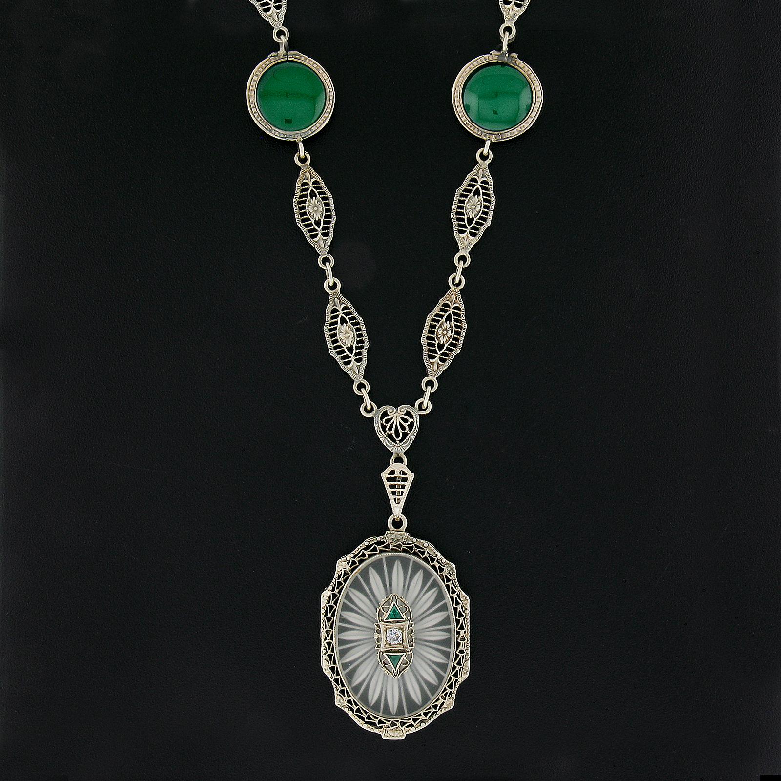 Antique Art Deco White Gold Camphor Glass & Chrysoprase Filigree Drop Necklace In Good Condition For Sale In Montclair, NJ