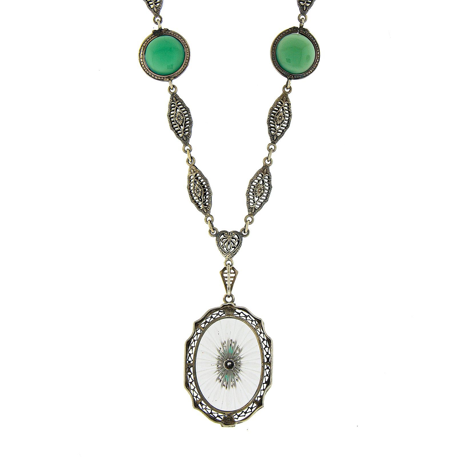 Antique Art Deco White Gold Camphor Glass & Chrysoprase Filigree Drop Necklace For Sale 2