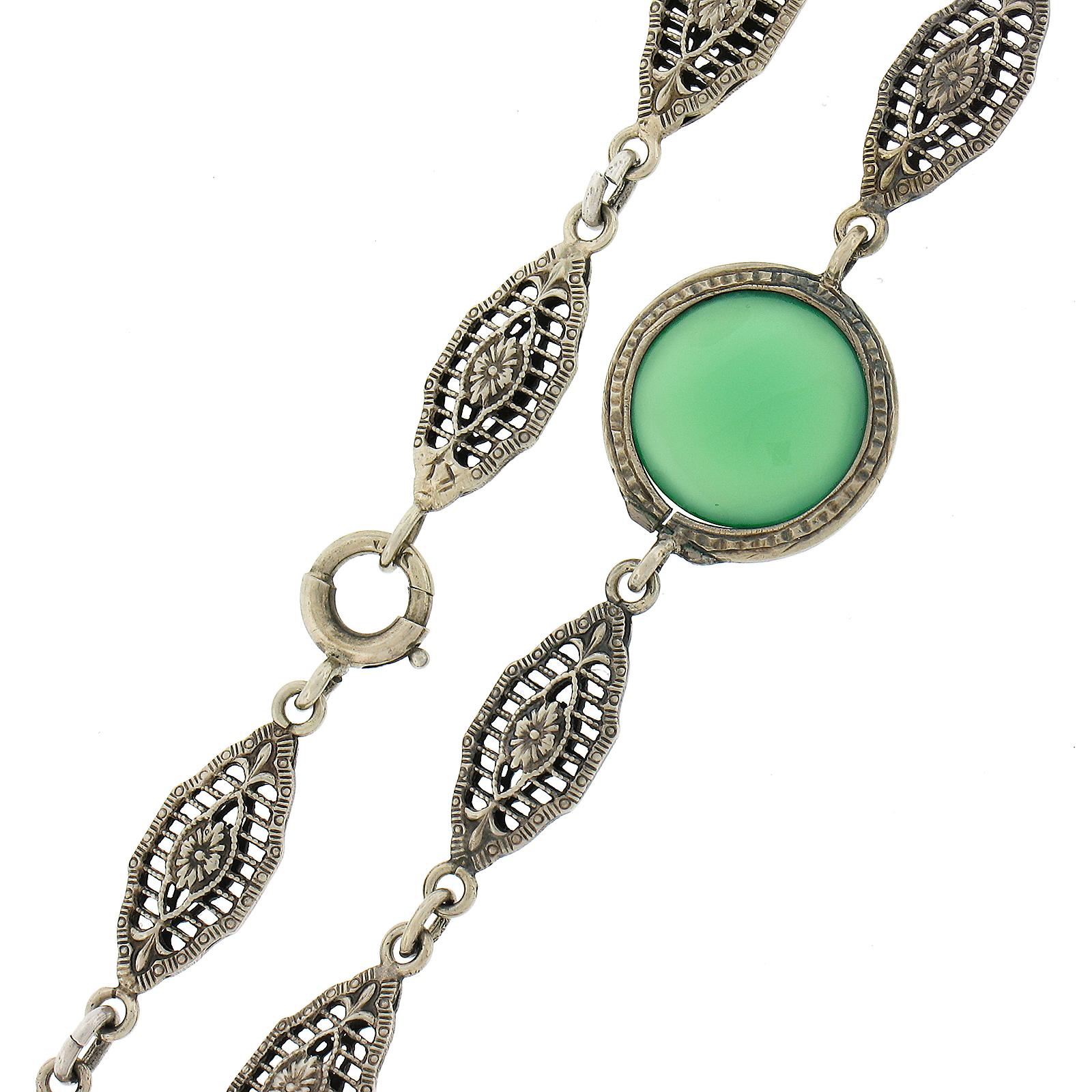 Antique Art Deco White Gold Camphor Glass & Chrysoprase Filigree Drop Necklace For Sale 3