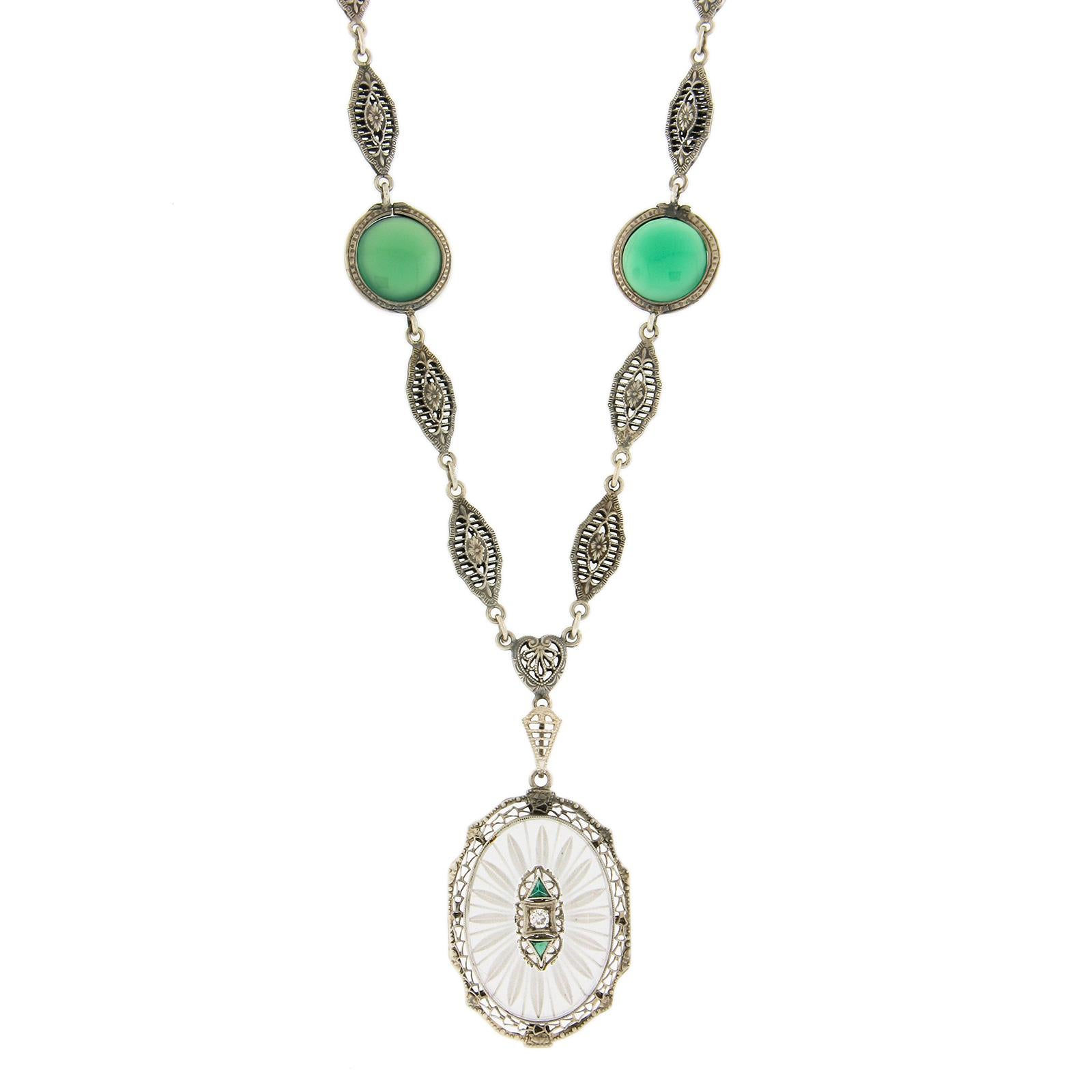 Antique Art Deco White Gold Camphor Glass & Chrysoprase Filigree Drop Necklace For Sale