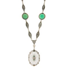 Antique Art Deco White Gold Camphor Glass & Chrysoprase Filigree Drop Necklace