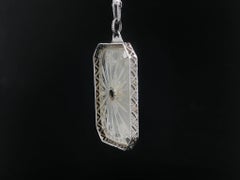 Antique Art Deco White Gold Camphor Glass & Diamond Pendant 16.5" Necklace