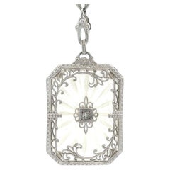 Antique Art Deco White Gold Camphor Glass & Diamond Pendant 16.5" Necklace