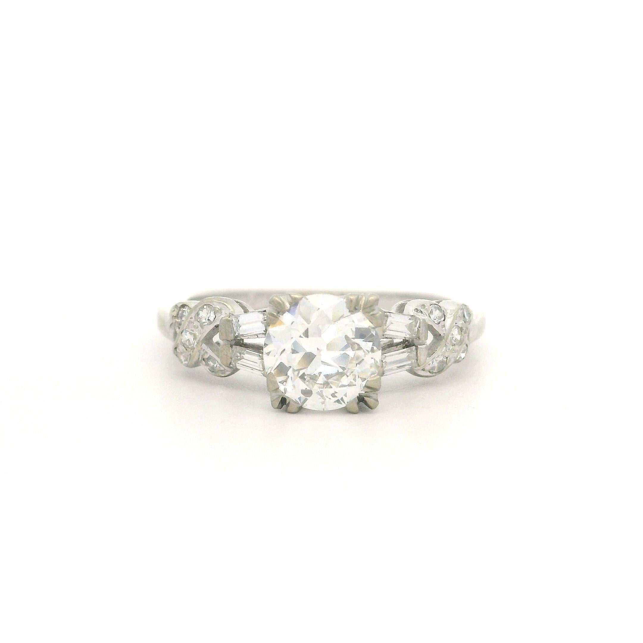 Antique Art Deco White Gold GIA 1.01ctw Old Diamond X Baguette Engagement Ring