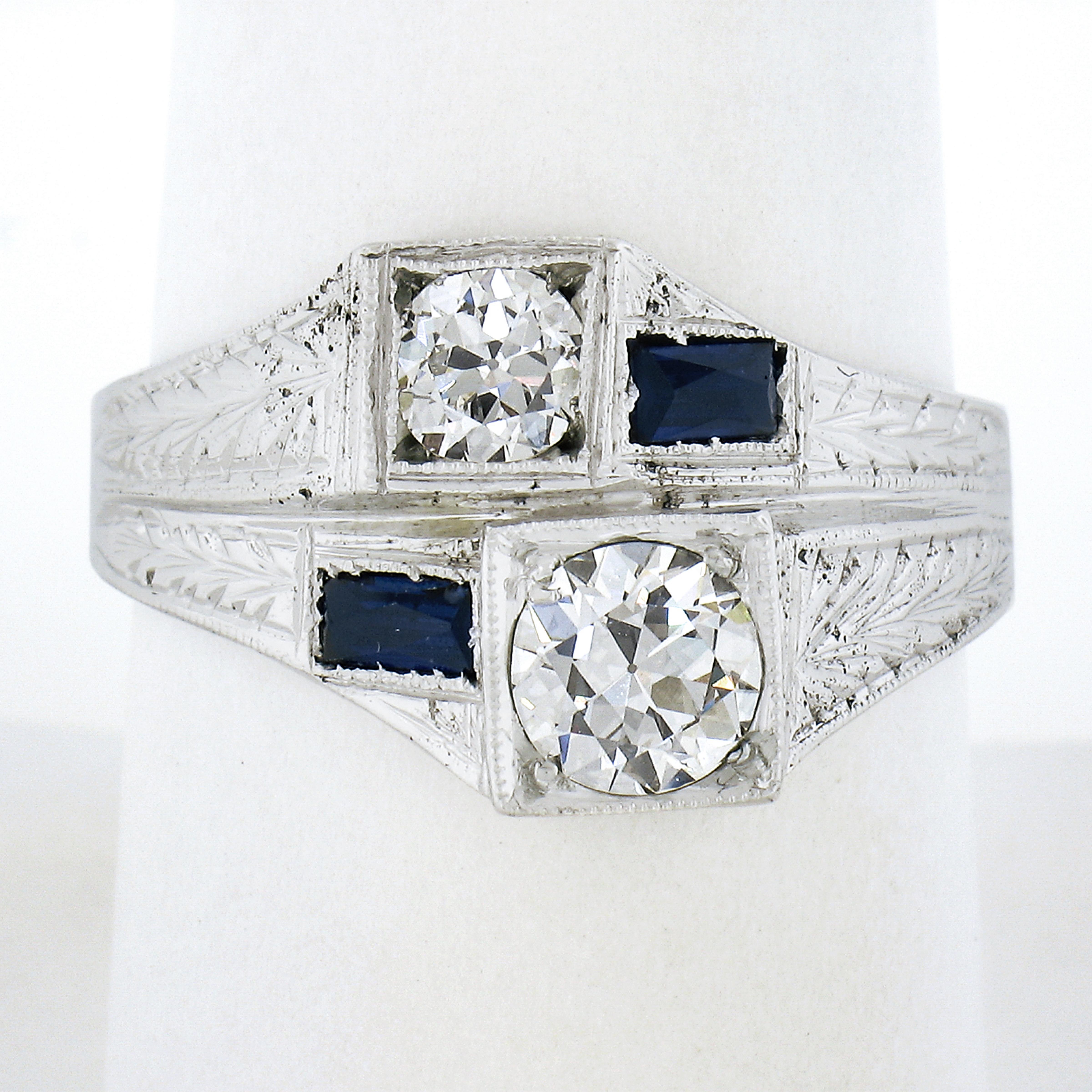 This fine Moi et Toi, bypass ring is very well crafted in solid white gold and features lively white old cut diamonds with sapphire accents for a very Art Deco look! Enjoy :)

--Stone(s):--
(1) Natural Genuine Diamond - Old Cut - Prong Set - **See