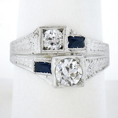 Antiker Art Deco Weißgold GIA Dual Diamant & Saphir Moi et Toi Gravierter Ring