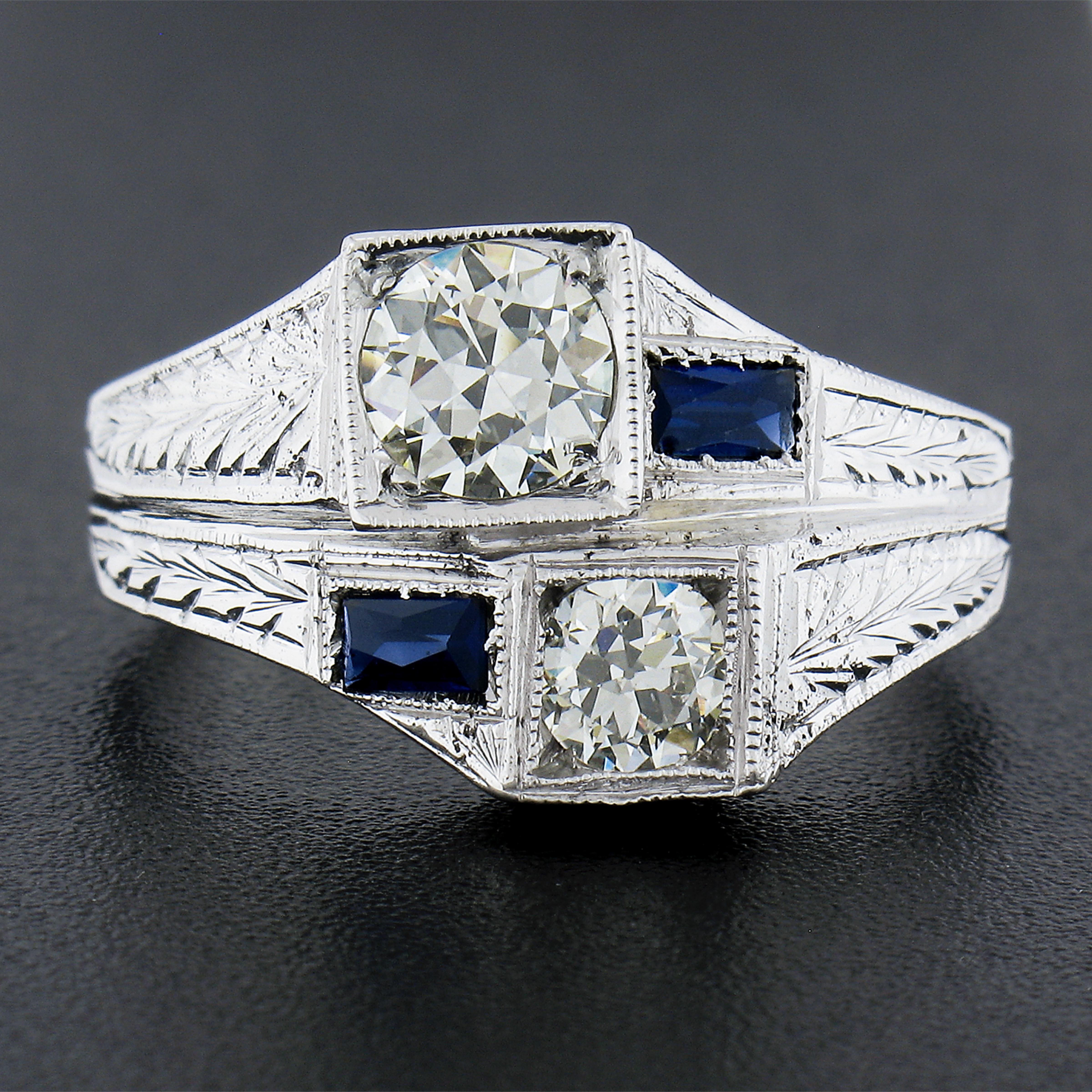 Brilliant Cut Antique Art Deco White Gold GIA Dual Diamond & Sapphire Moi et Toi Engraved Ring For Sale