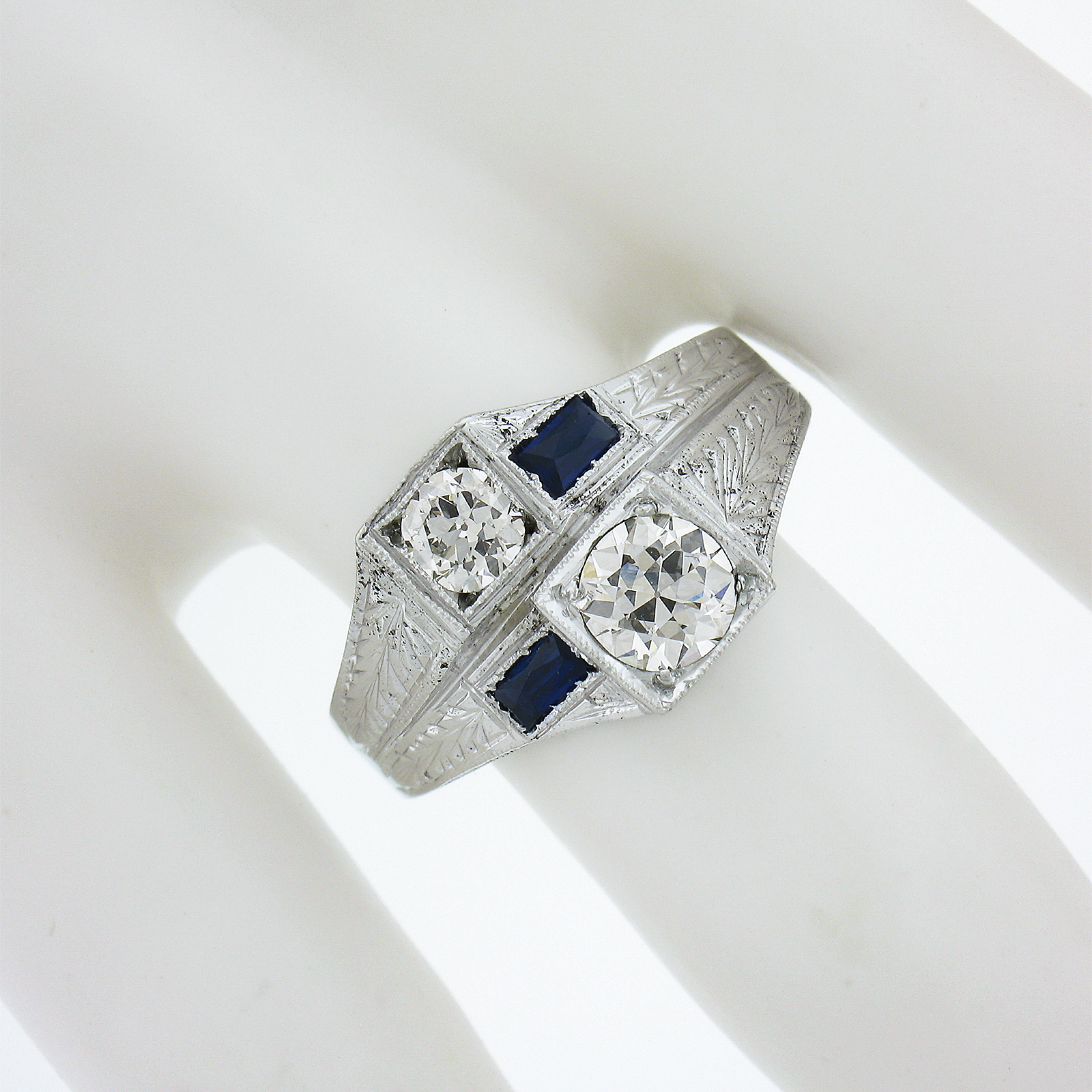 Antique Art Deco White Gold GIA Dual Diamond & Sapphire Moi et Toi Engraved Ring In Good Condition For Sale In Montclair, NJ