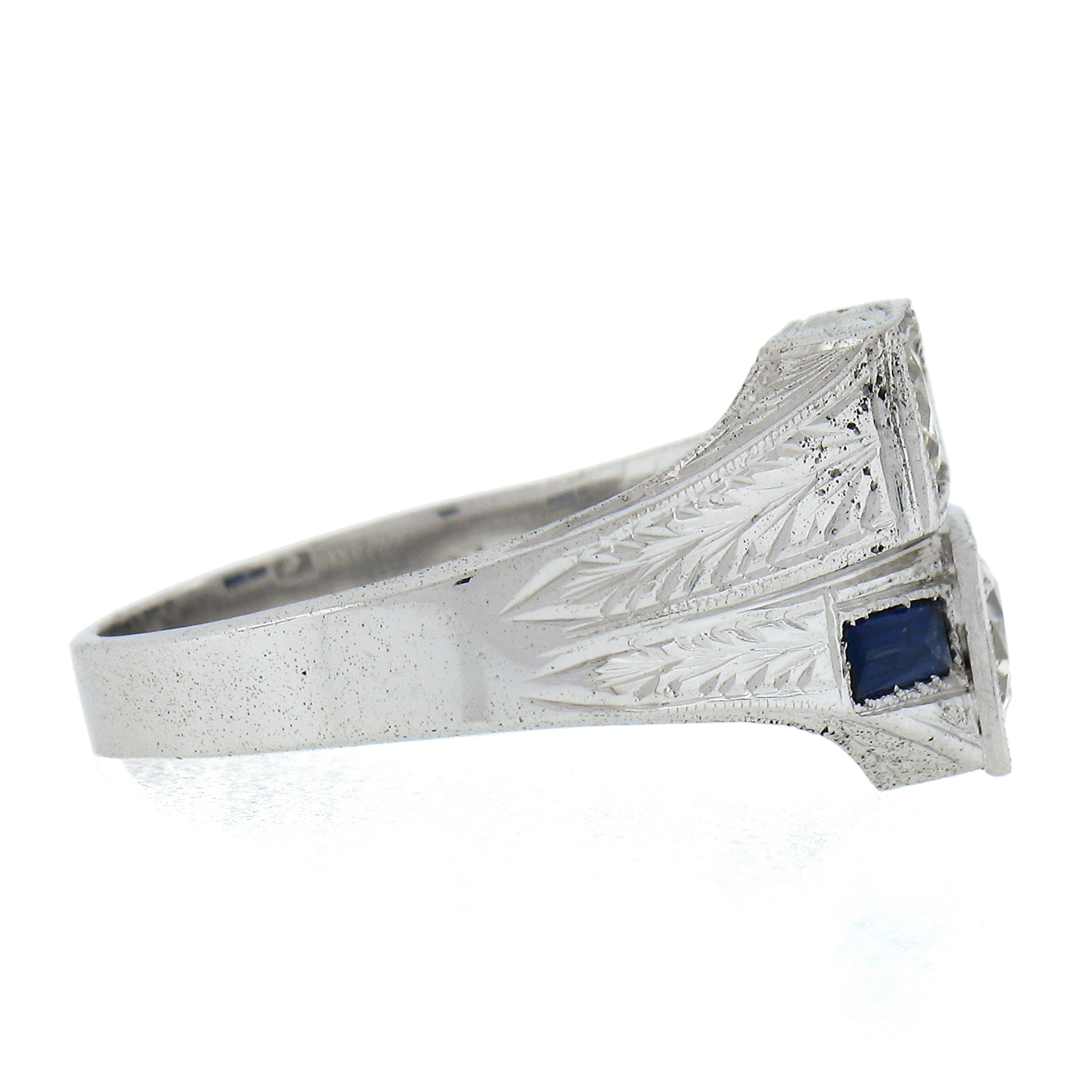 Women's or Men's Antique Art Deco White Gold GIA Dual Diamond & Sapphire Moi et Toi Engraved Ring For Sale
