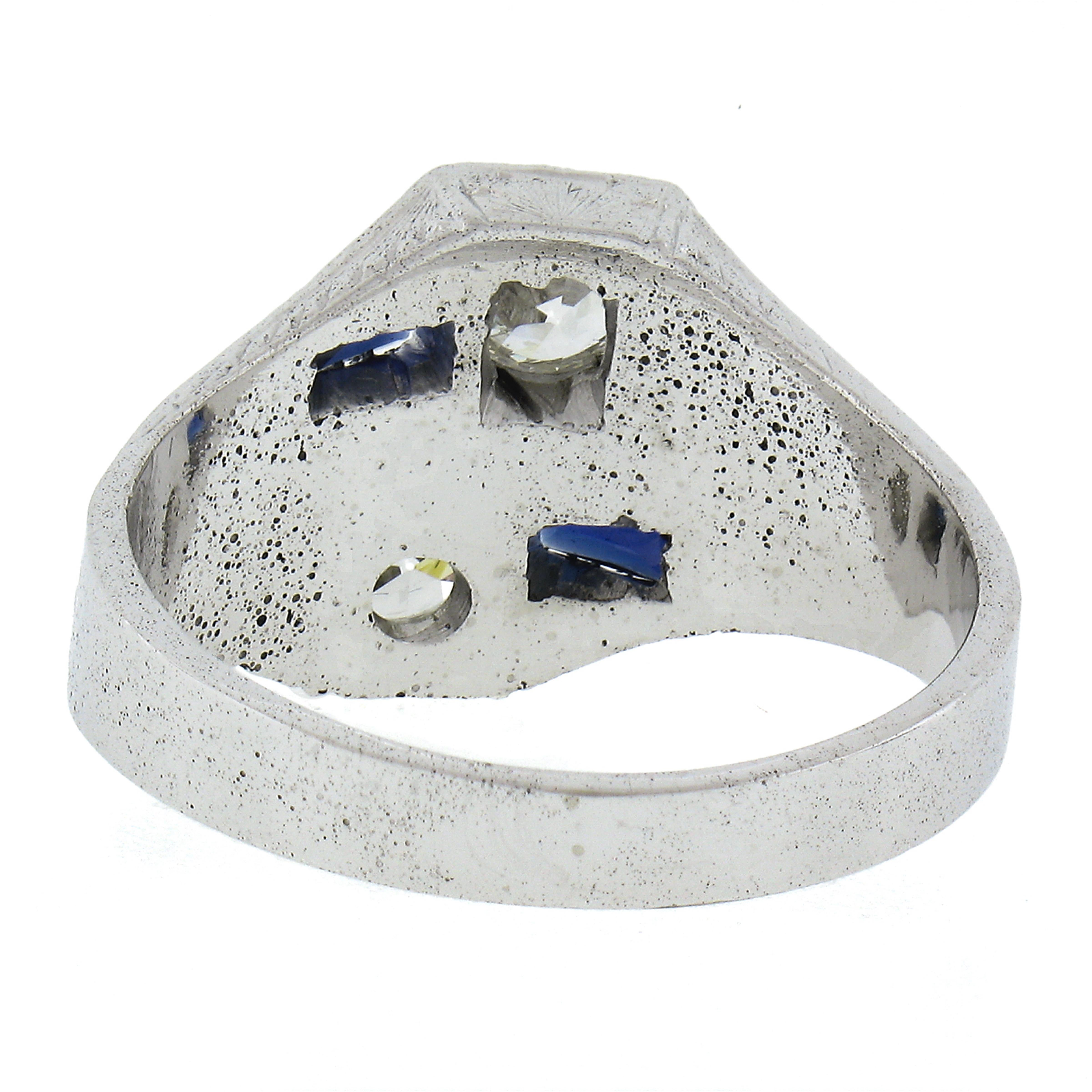 Antique Art Deco White Gold GIA Dual Diamond & Sapphire Moi et Toi Engraved Ring For Sale 1