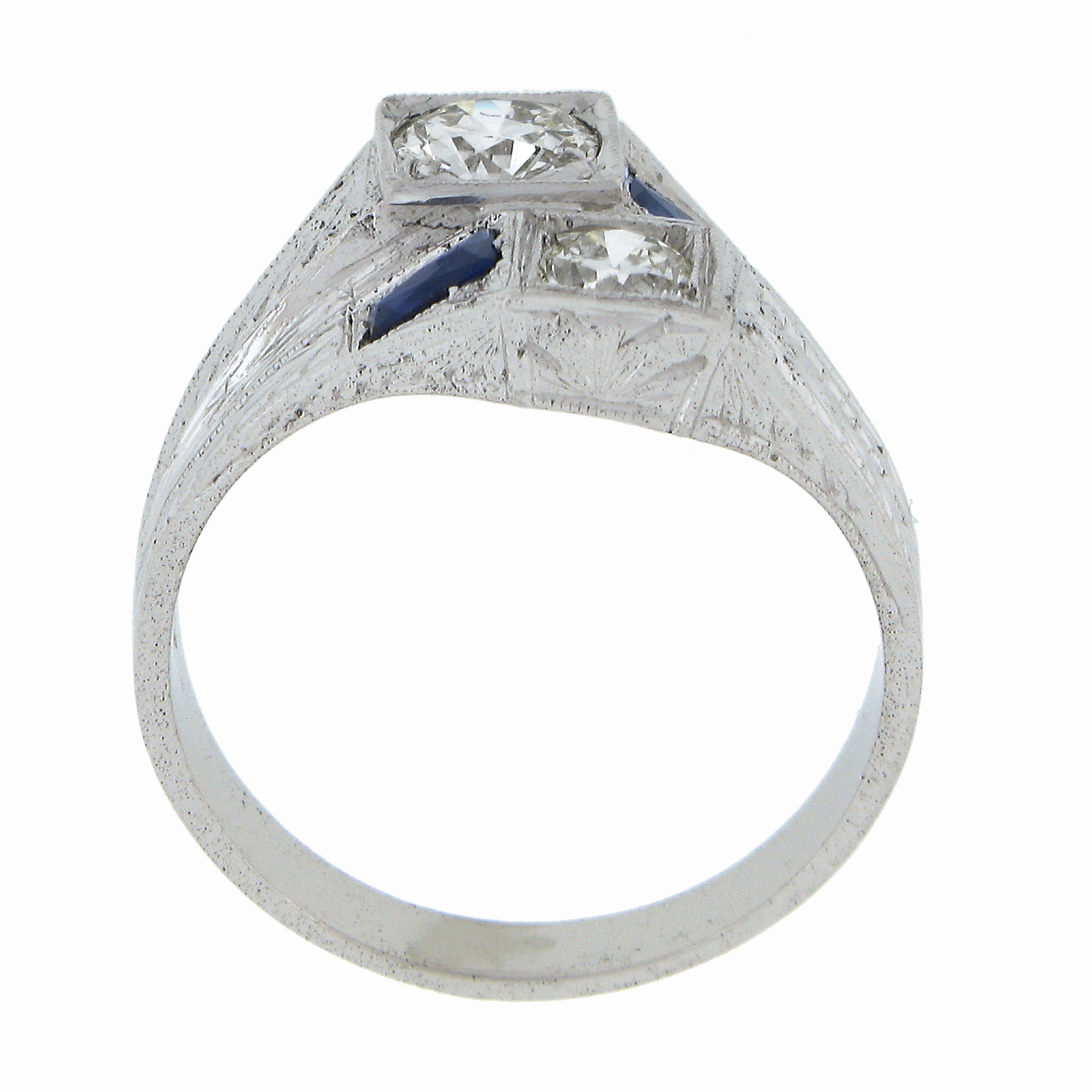 Antique Art Deco White Gold GIA Dual Diamond & Sapphire Moi et Toi Engraved Ring For Sale 3