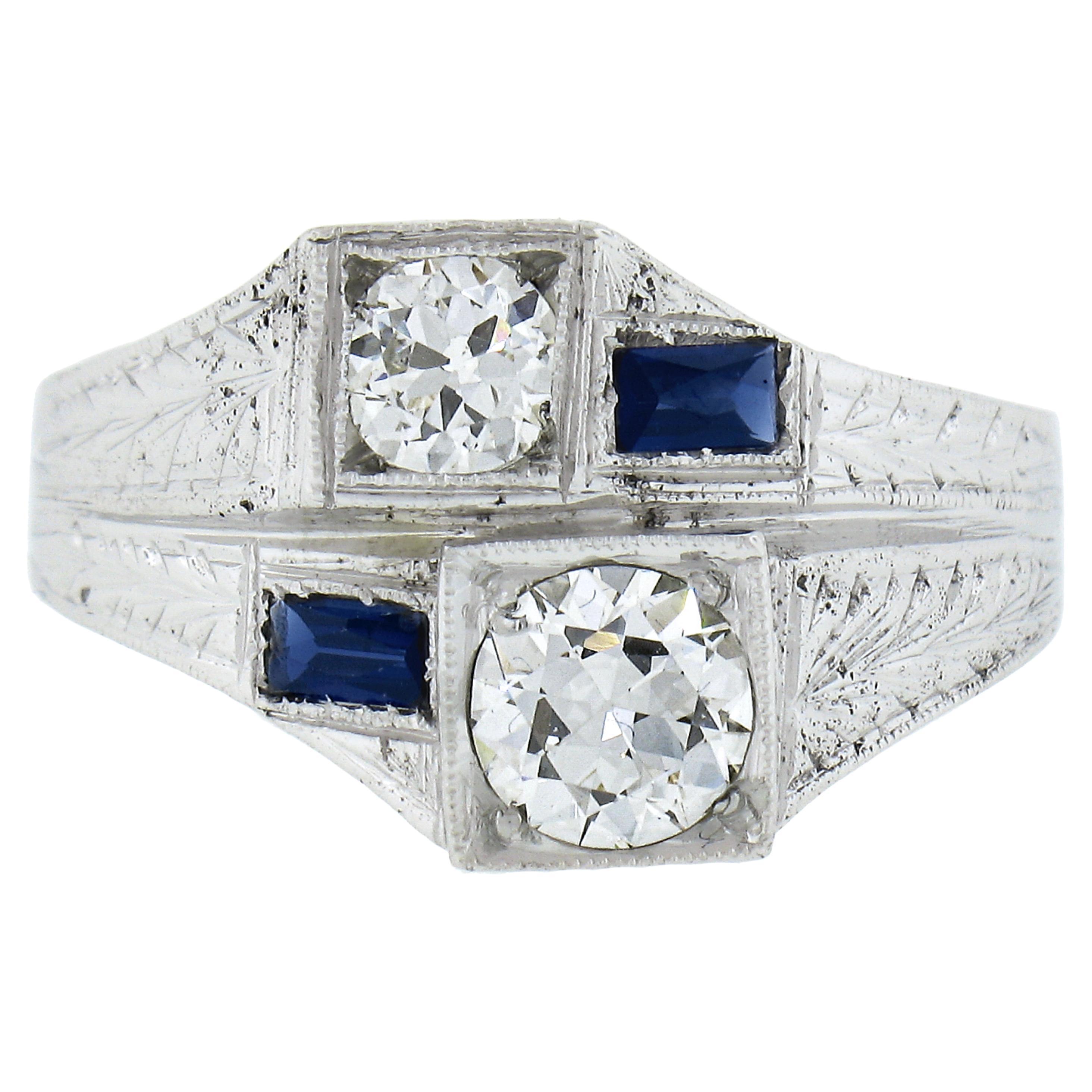 Antique Art Deco White Gold GIA Dual Diamond & Sapphire Moi et Toi Engraved Ring For Sale